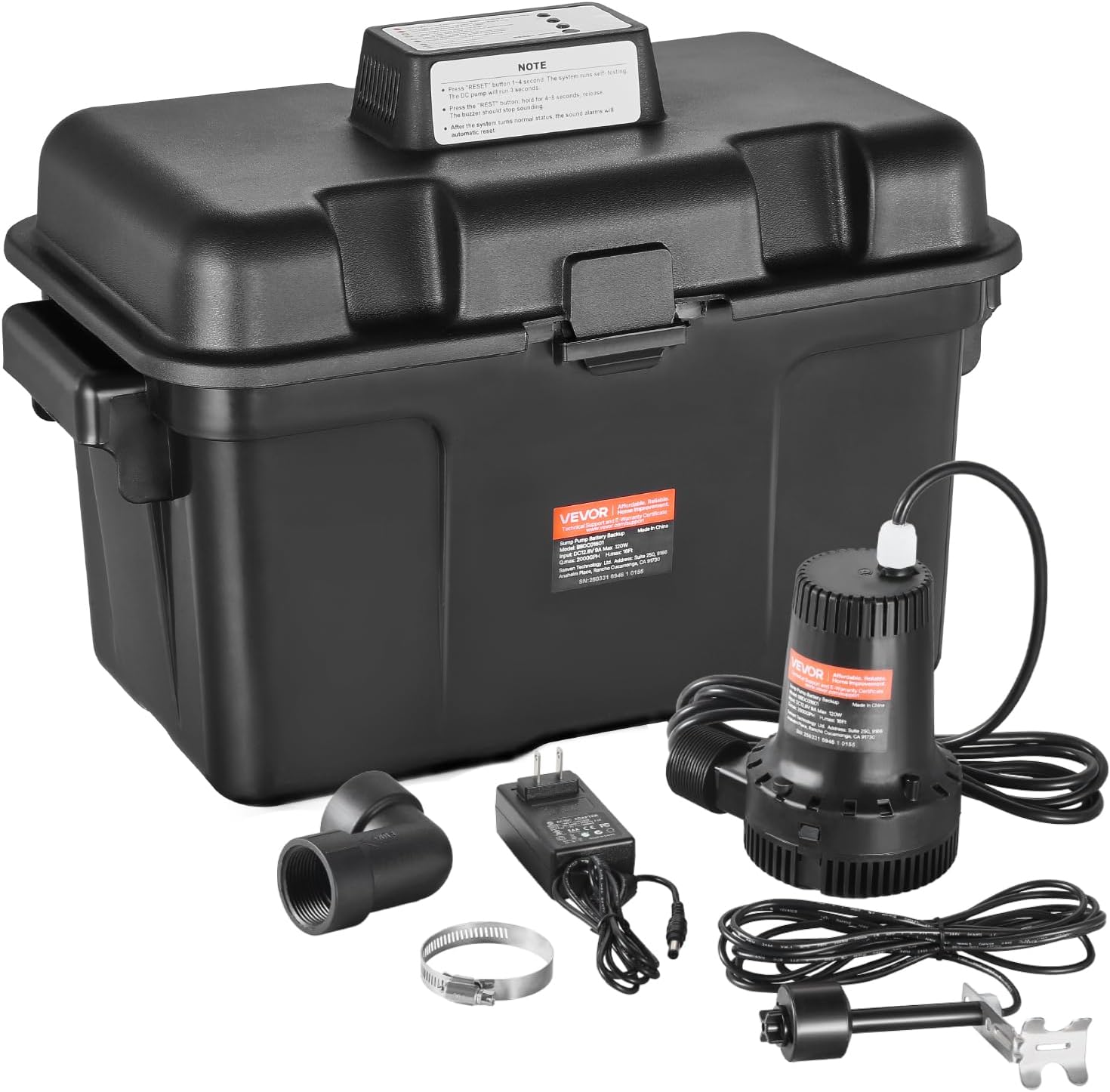 VEVOR Basement Emergency Back-Up Sump Pump, 2000GPH 0.17 HP Backup Sump Pump System, with 15V Adapter, Float Switch, 24-Hour-a-Day Monitoring Controller, Alerts, and Charger, Black