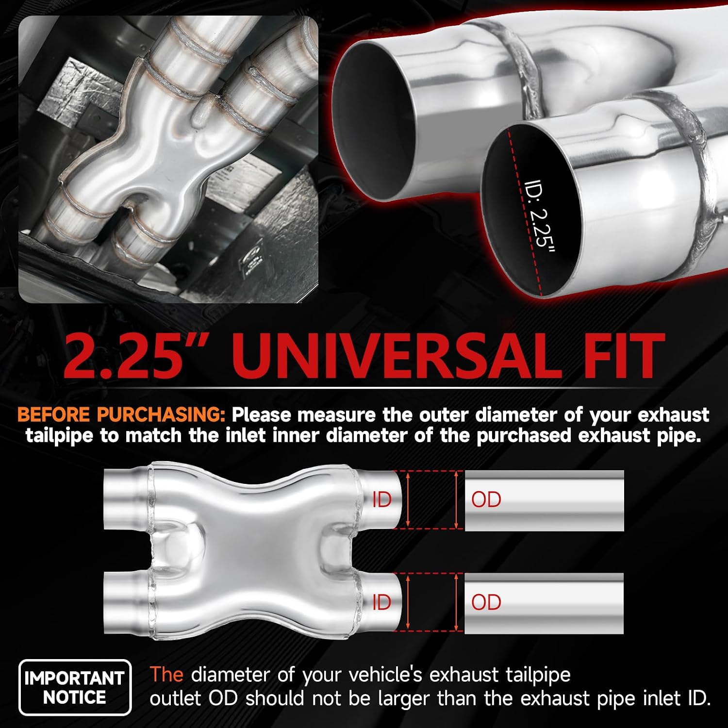 LCGP 2.25" Exhaust X Pipe, Universal 2.25" In/Out Crossover X Pipe 12" Length Polished Surface Stainless Steel Weld-on