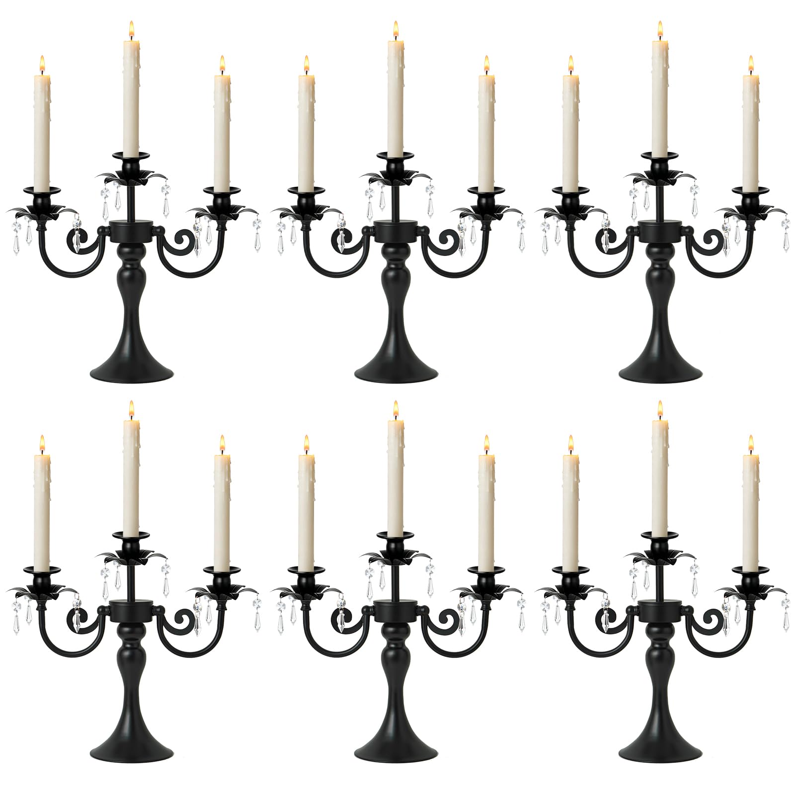Metal 3 Arm Candelabra with Crystal Pendants - 11.8 Inch Tall Candle Holders, Set of 6 - Elegant Taper Candlestick Stand for Wedding, Dining Table, Christmas Party Home Decoration (Black)
