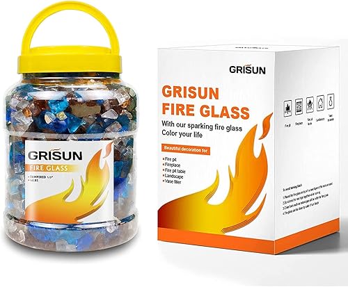 GRISUN Vidrio de fuego mezclado de 30 libras para hoguera, rocas de vidrio templado reflectante de 12 pulgada de alto brillo para chimenea natural o