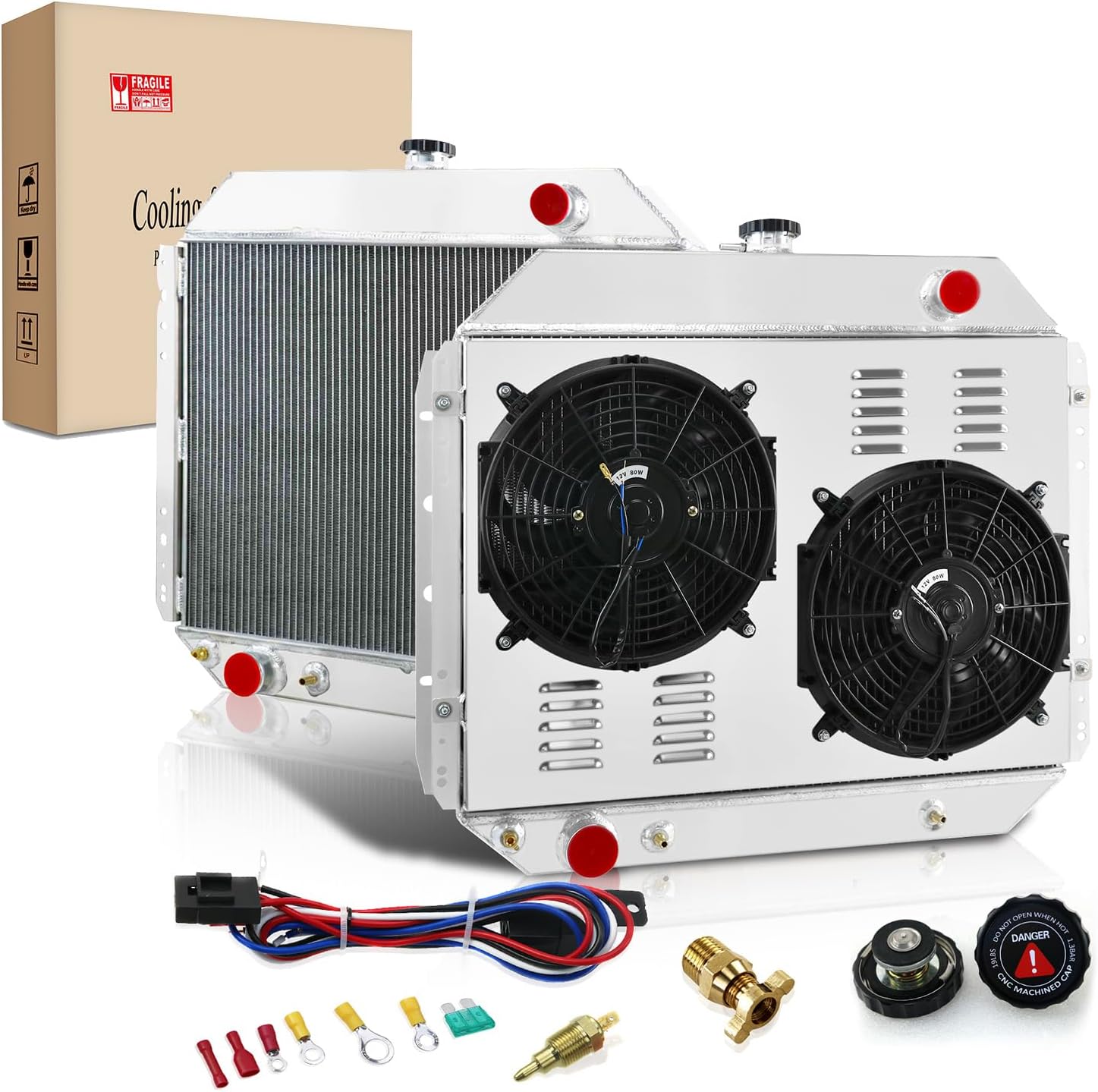 3/4 Row Core All Aluminum Radiator + 2 x 12" Fan Shroud w/Relay Compatible with 1966-1979 67 68 69 70 71 72 73 Ford F100 F150 F250 F350 Truck Pickup Bronco V8 (4 Row Core - ‎CU132)