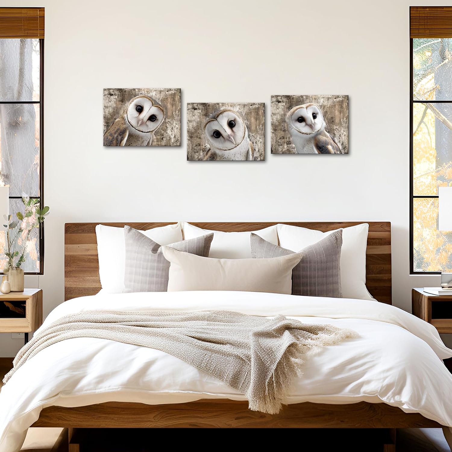 VANSEEING Owl‌ Canvas Wall Art Cute Barn Owl‌ Head Close Up Pictures Rustic Vintage Birds Modern Artwork Wall Decor for Men's Boys Room Bedroom Living Room 12x16inchx3 Pieces