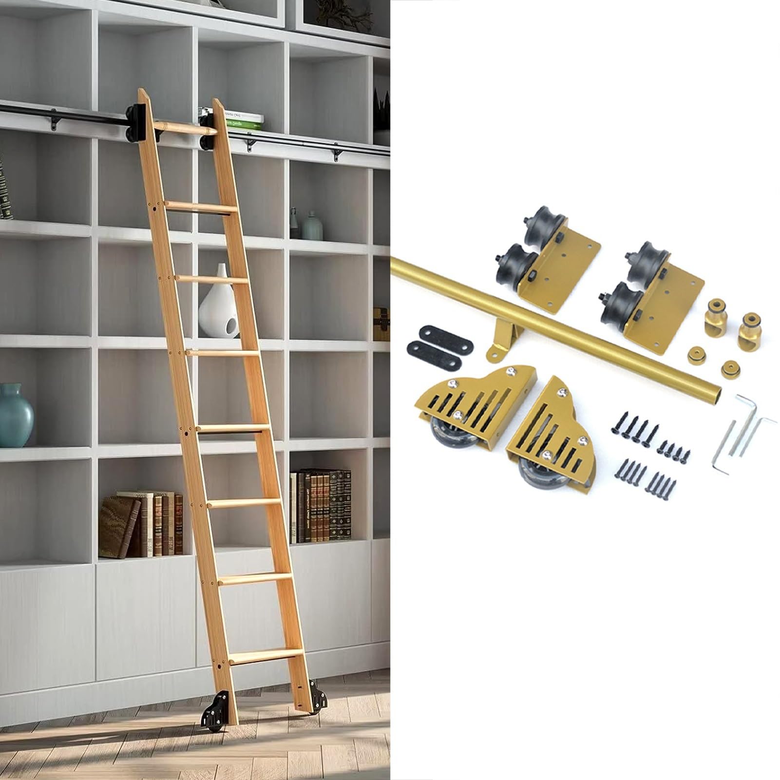 Kit de herrajes para escalera rodante de acero al carbono, riel deslizante y riel colgante de escalera móvil, kit de riel para puerta de granero con rodillos de piso
