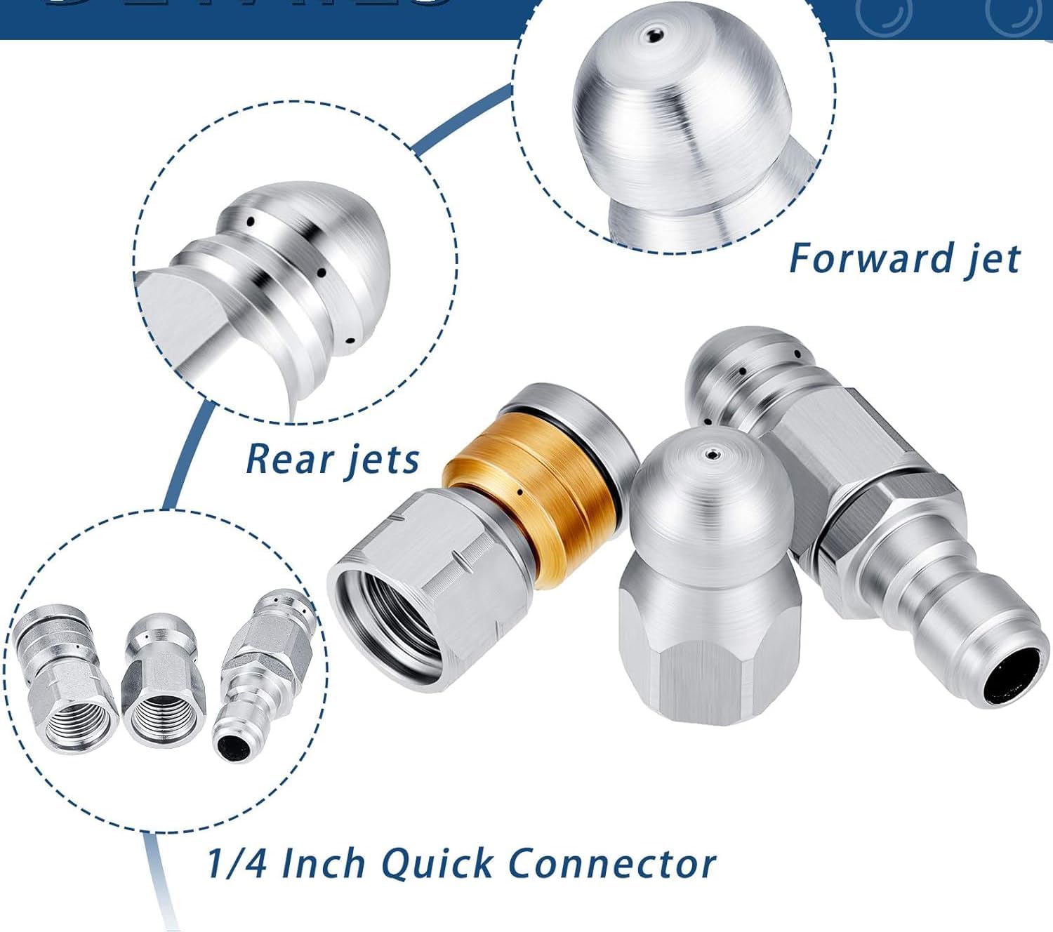 3 Pack Sewer Jetter Nozzle Kit, Stainless Steel Jet Nozzles with Rotating, Button Nose, and Fixed Models, 1/4” Quick Connect, Up to 5000 PSI for Pressure Washer Drain Cleaning thumbnail