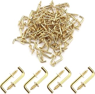 MroMax 1/2" 100Pcs 7- Shaped Screw Right-Angle Hooks 0.79" Total Length Copper Plated Carbon Steel Self-Tapping Screws L Shape Hook 20 x 7mm (LxW) for Home Workplace Office Yellow Tone