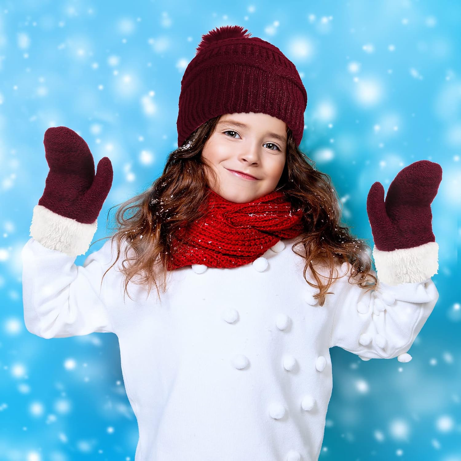 2 Sets Toddler Hats and Gloves Fleece Lined Beanie Babies Girl Toddler Beanie Boy Hat with Winter Warm Mittens Thick