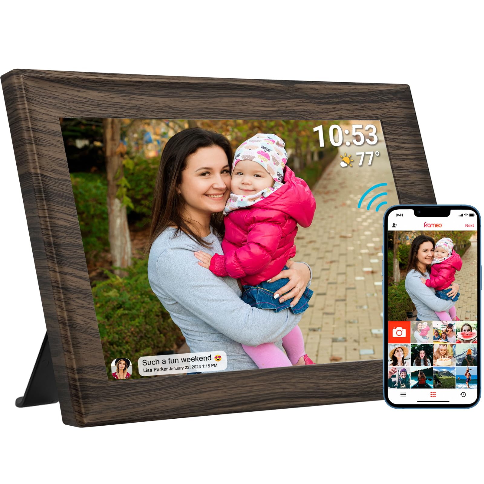 𝟯𝟮𝗚𝗕 FRAMEO Digital Photo Frame, 10.1-Inch WiFi Digital Picture Frame with 1280x800 FHD IPS Touch Screen, USB/SD Card, Motion Sensor, Auto-Rotate, Easy Share Photos/Videos via Frameo from Anywhere