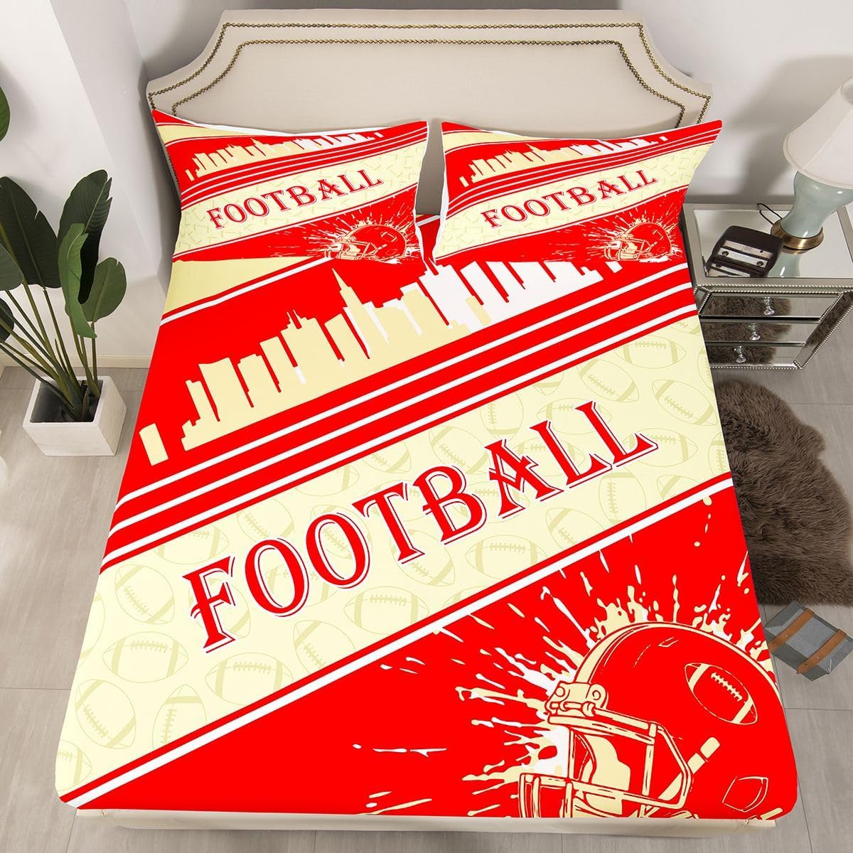 Feelyou Rugby Sports Bed Sheets Set 16" Deep Pocket Boys Girls Queen Size Rugby Sports Fitted Sheet Women Men Football City Bedding Set Red Room Decor