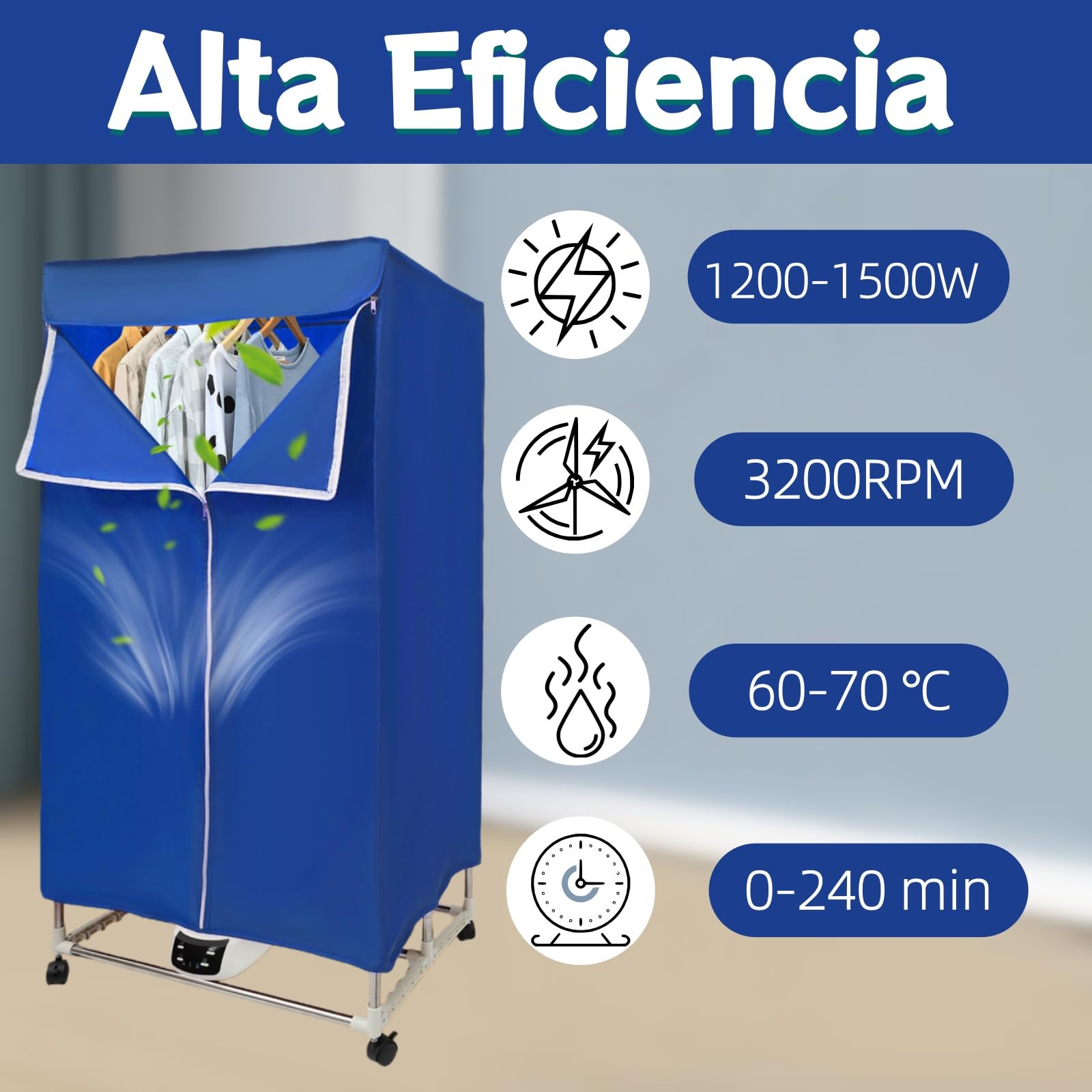 Mała, przenośna mini suszarka, ogrzewanie PTC z ekranem dotykowym i 60-240 minut, składana, mała suszarka o nośności 30 kg, 70 x 50 x 150 cm, niebieska