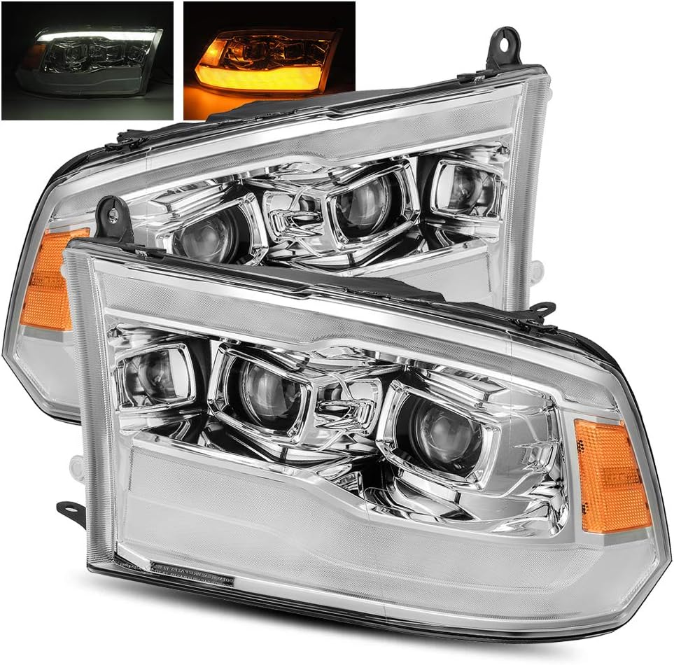 AlphaRex PRO-Series Black For 13-18 Ram 1500/2500/3500 Factory Projector Top and Bottom DRL/Switchback Sequential Signal Dual Projector Headlights