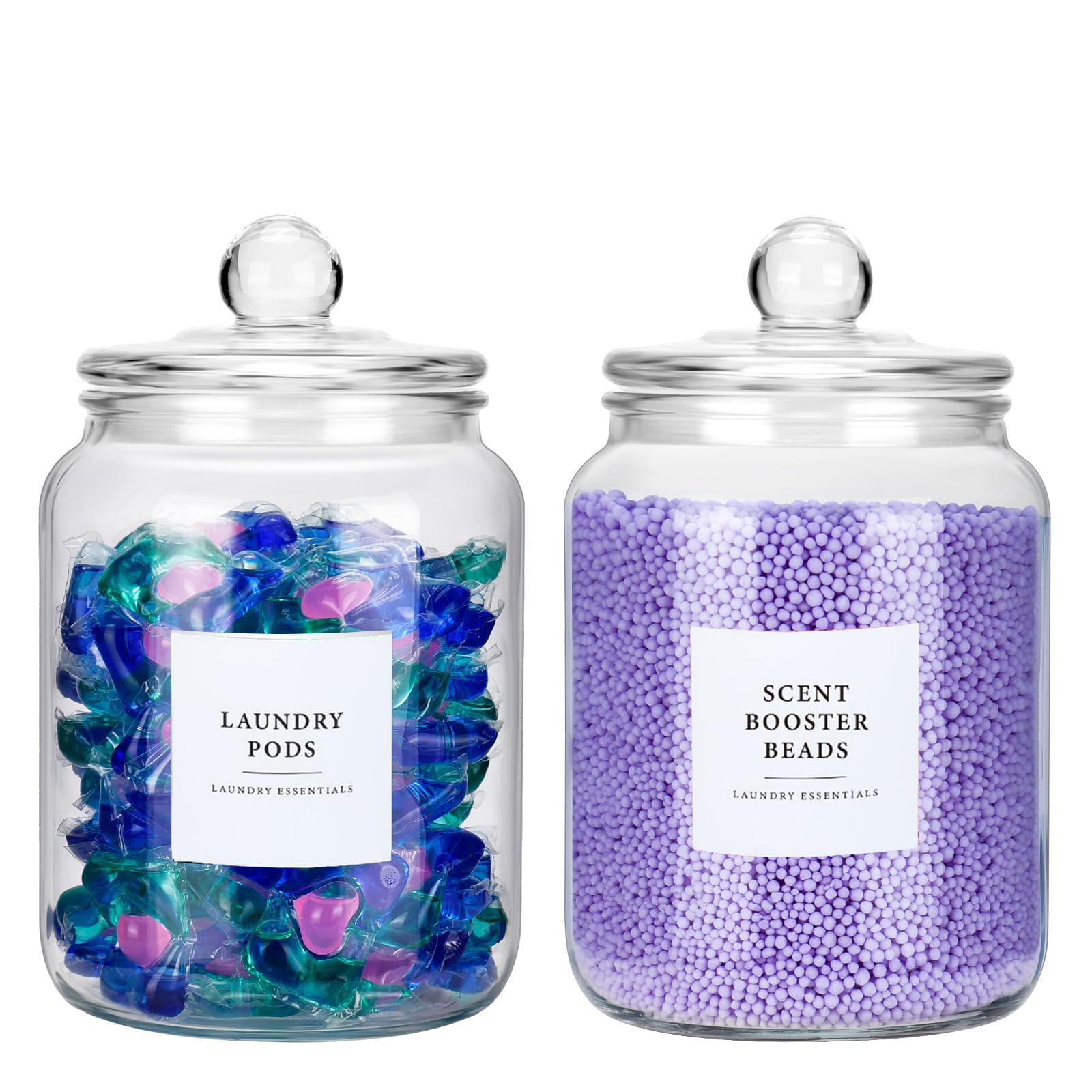2PCS Washing Powder Storage with Labels,1.9L Glass Laundry Storage Containers,Laundry Detergent Storage,Laundry Pods Container for Detergent,Washing Powder,Fabric Softener,Detergent Dispenser