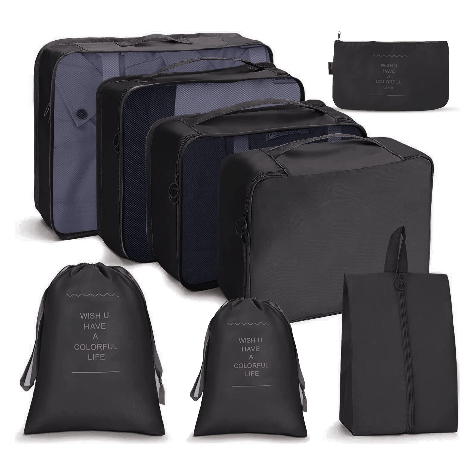 OSDUE Koffer Organizer Set 8-teilig, Packing Cubes, Wasserdichte Reise Kleidertaschen, Packtaschen für koffer, Verpackungswürfel mit Kosmetiktasche, Schuhbeutel, USB Kabel Tasche