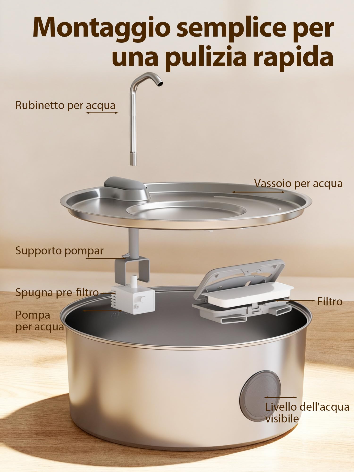 Kittyspout Fontanella per Cani/Gatti, 8L/270 oz di grandi dimensioni, Fontanella per Cani in Acciaio inox con ampia finestra di visualizzazione, Super Silenzioso con Visibile Argento