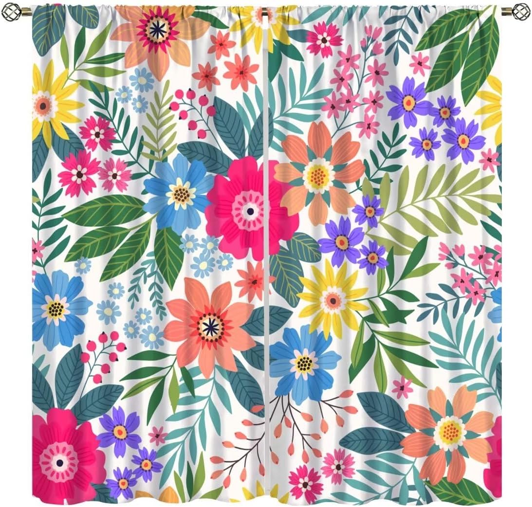 Rustic Flower Curtains,Vintage Floral Colorful Plant Green Leaf Women Wildflower Home Décor,Nature Blossom Botanical Drapes for Bedroom Living Room Kitchen Café,2 Panel Set Total Size 42 x 45 Inch