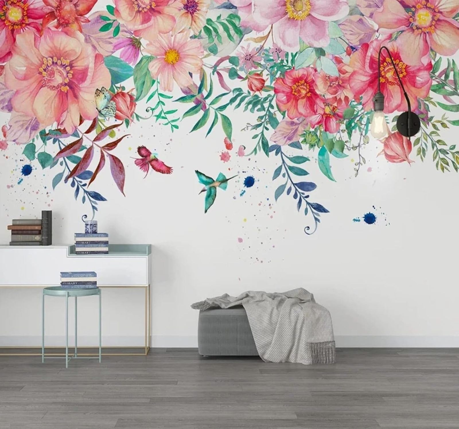 Tzxztt Hand Painted Watercolour Pastoral Floral Butterflies Modern 3D Wallpaper Premium Textured Silk Neutral Tones Material Ideal for Living Room Bedroom-150cm×105cm