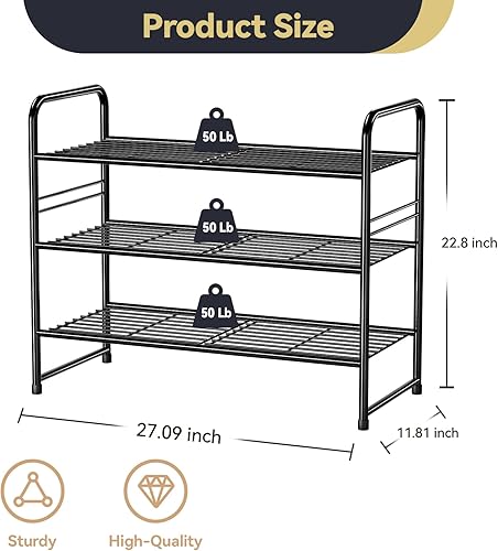 Miniatura 5 de Zapatero de 3 niveles, organizador de zapatos de armario para entrada, soporte apilable de almacenamiento de zapatos resistente, color negro
