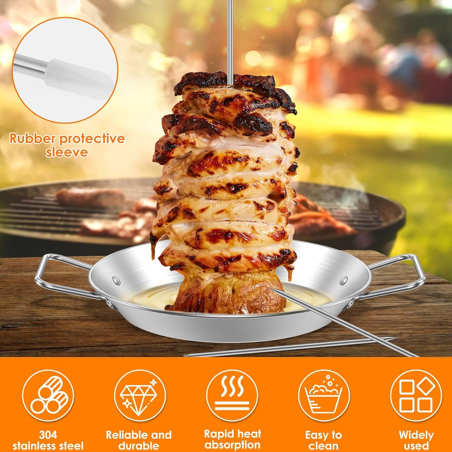 Brochette Verticale Joselin Pour Grill Et Four - 5 Pointes Réglables En Inox + Poêle Gyroscopique - Idéale Tacos Al Pastor, Shawarma, Kebabs