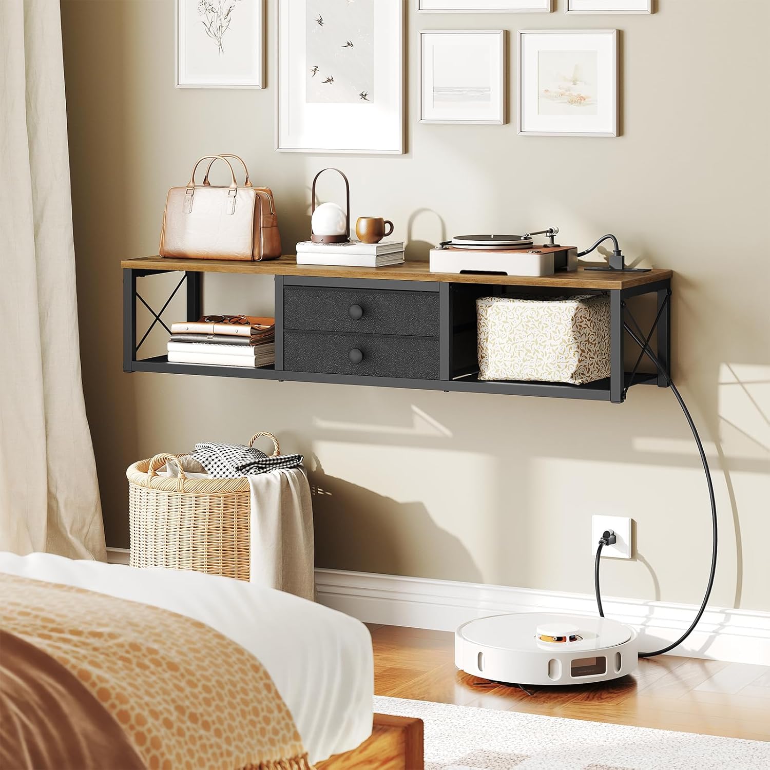 Floating TV Stand with Power Outlet, Wall Mounted Media Console for TVs up to 50 Inch, Entertainment Center with Storage, for Living Room, Bedroom, Rustic Brown and Black DS04UBR - Image 2