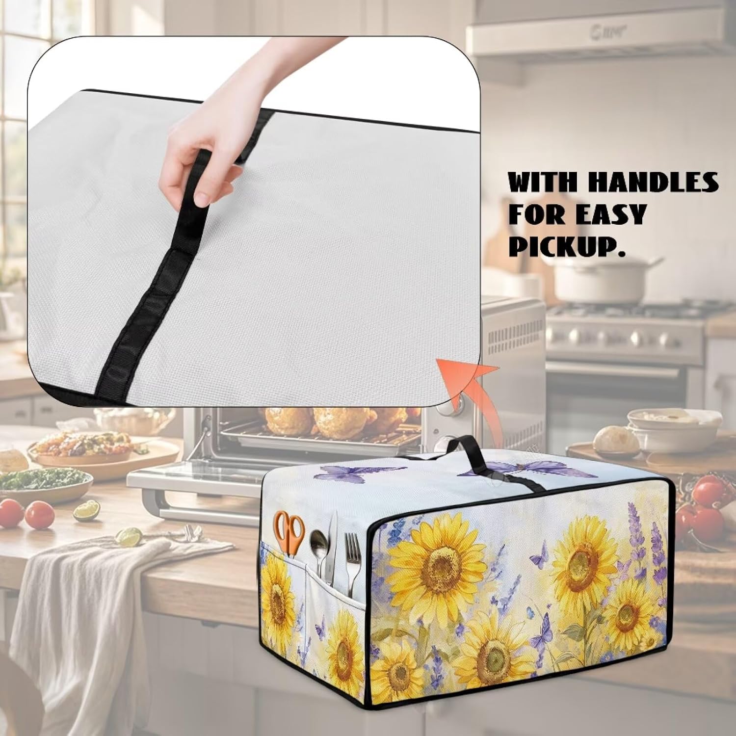 Watercolor Butterfly Sunflower Lavender Pattern Toaster Oven Cover, Washable Toaster Oven Cloth Cover Kitchen Accessoires with Storage Pocket Dustproof Appliance Protection, S
