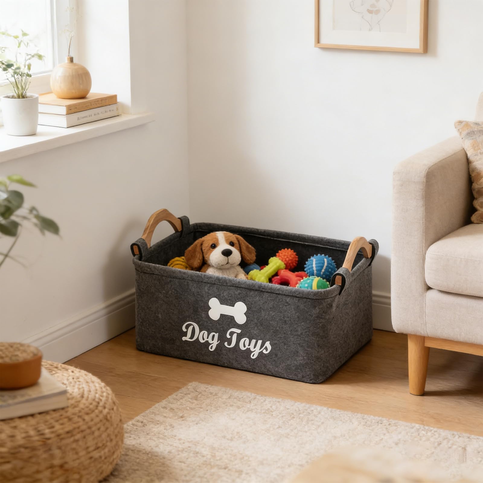 Vauki Caja de almacenamiento para juguetes para perros, 38 x 25 x 18 cm, plegable, de fieltro con mango de madera, cesta de almacenamiento para guardar suministros para mascotas y juguetes (gris