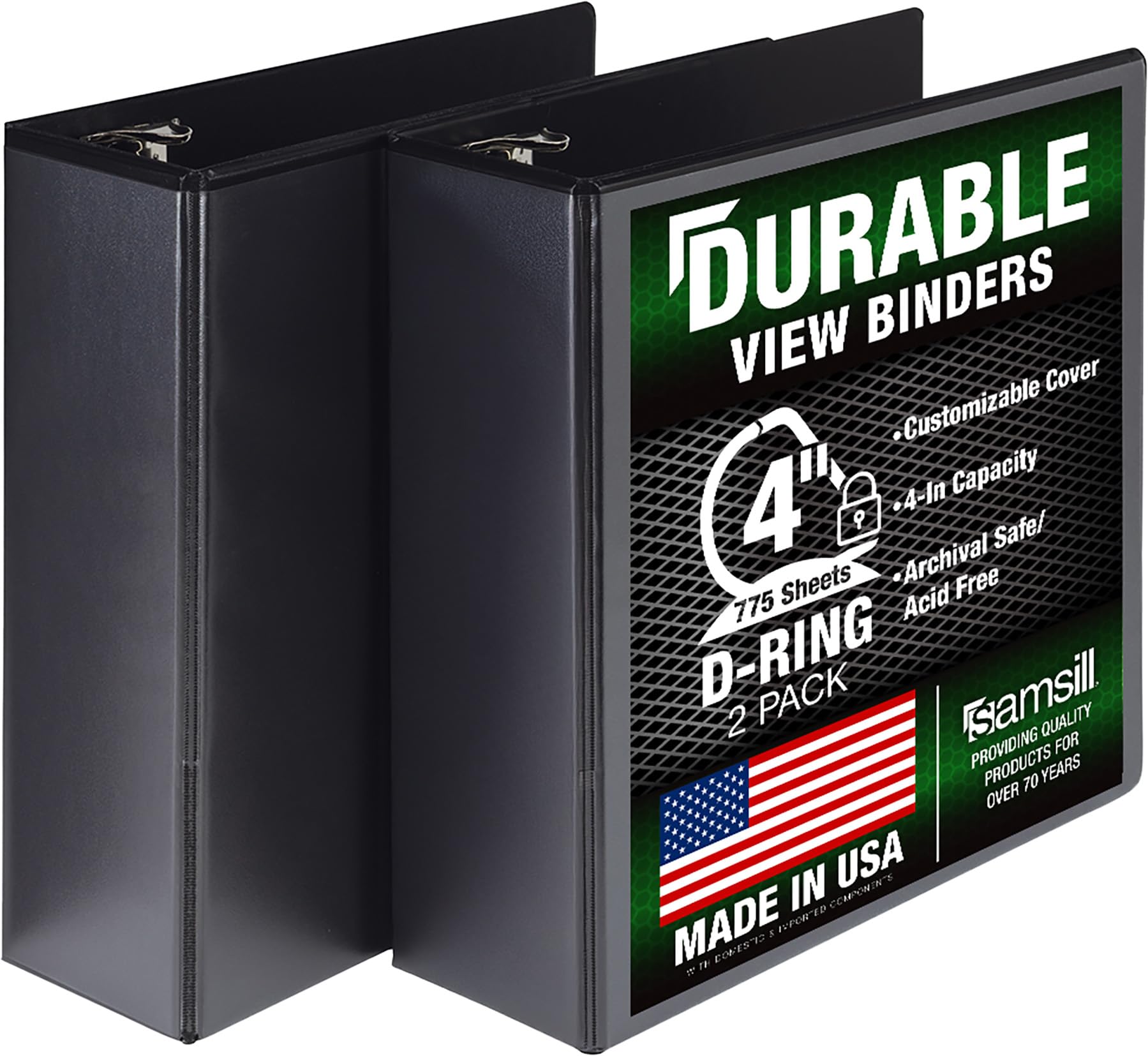 Samsill Durable 3 Ring View Binders, 10,5 cm di bloccaggio D-Ring – Contiene 800 fogli, senza PVC/antiaderente copertura personalizzabile, nero, confezione da 2