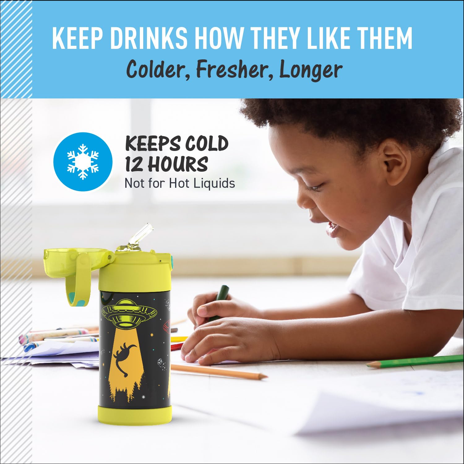 THERMOS FUNTAINER Trinkflasche mit Strohhalm, 340 ml, Out of This World | Isolierte Edelstahl-Wasserflasche für Kinder, hält Getränke länger kalt für Schule und Spiel, BPA-frei