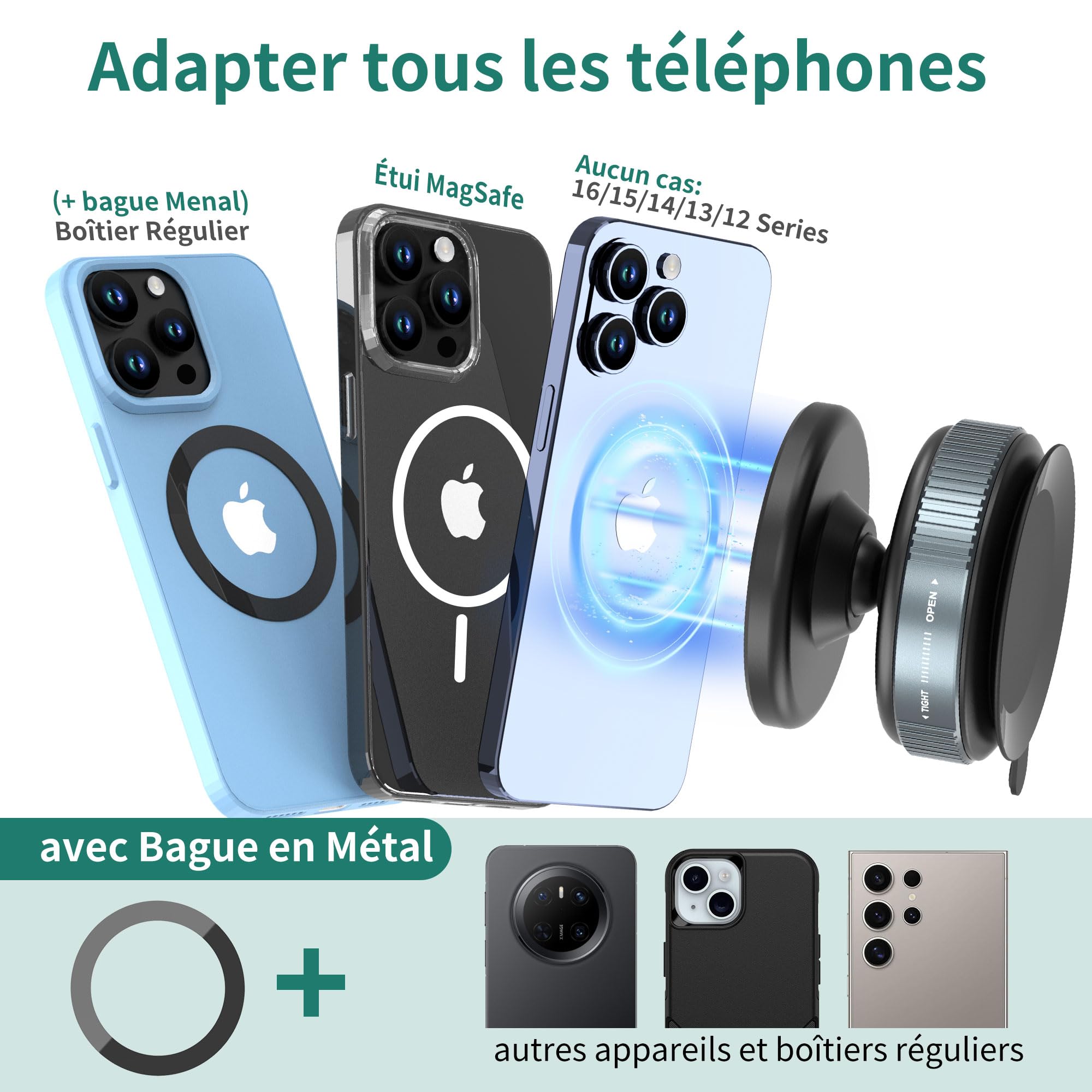 HomeMount Support de téléphone magnétique à ventouse rotatif à 360 °, convient pour iPhone 16/15/14/13/12 et Samsung sur des surfaces lisses telles que les miroirs, le verre, les rétroviseurs