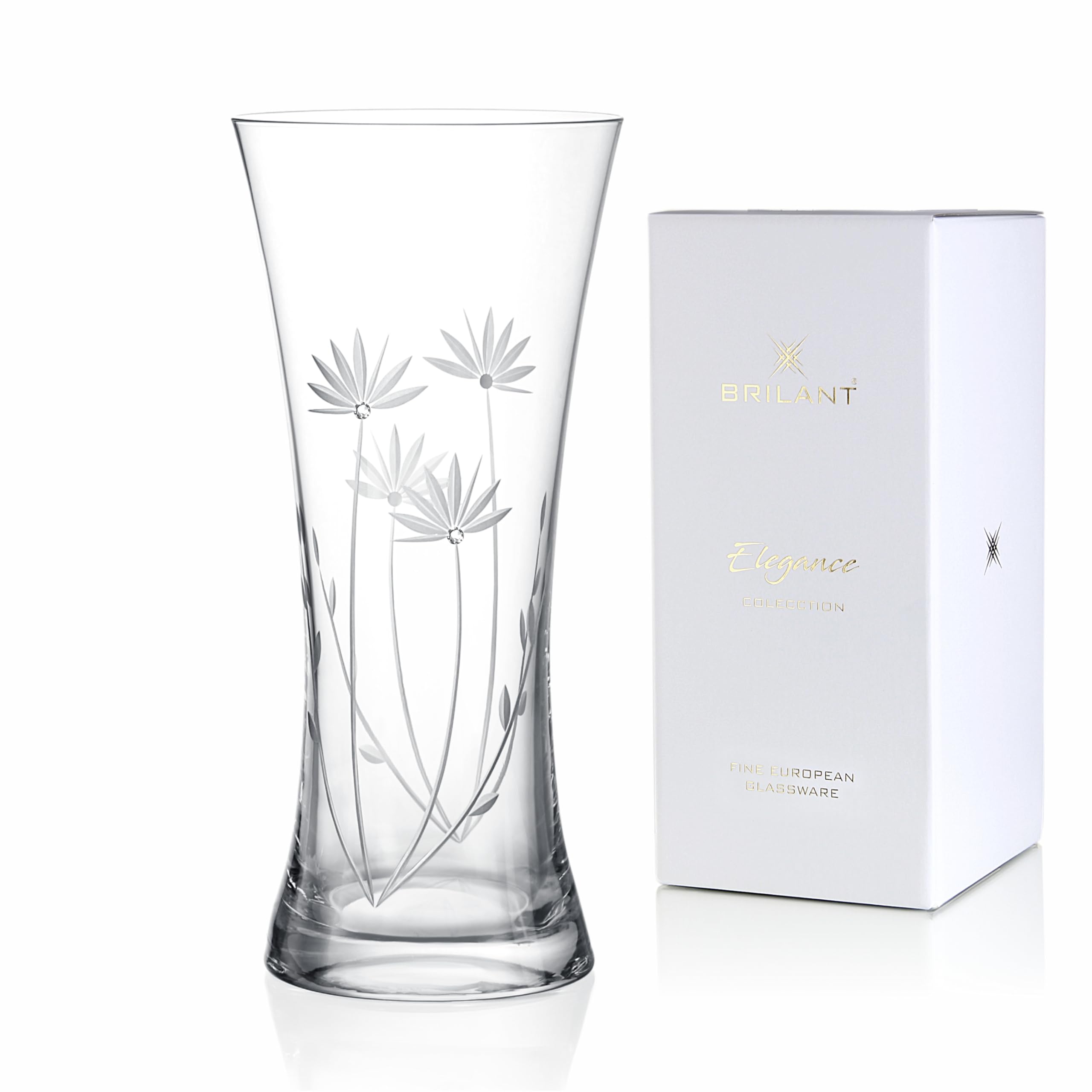 Bloom Glasvase - Elegante Blumenvase Modern, Deko Vase Glas mit Blumenmotiv und Hochwertigen Kristallakzenten, Geschenke für Frauen, Handgefertigt in der EU - 1 Stück