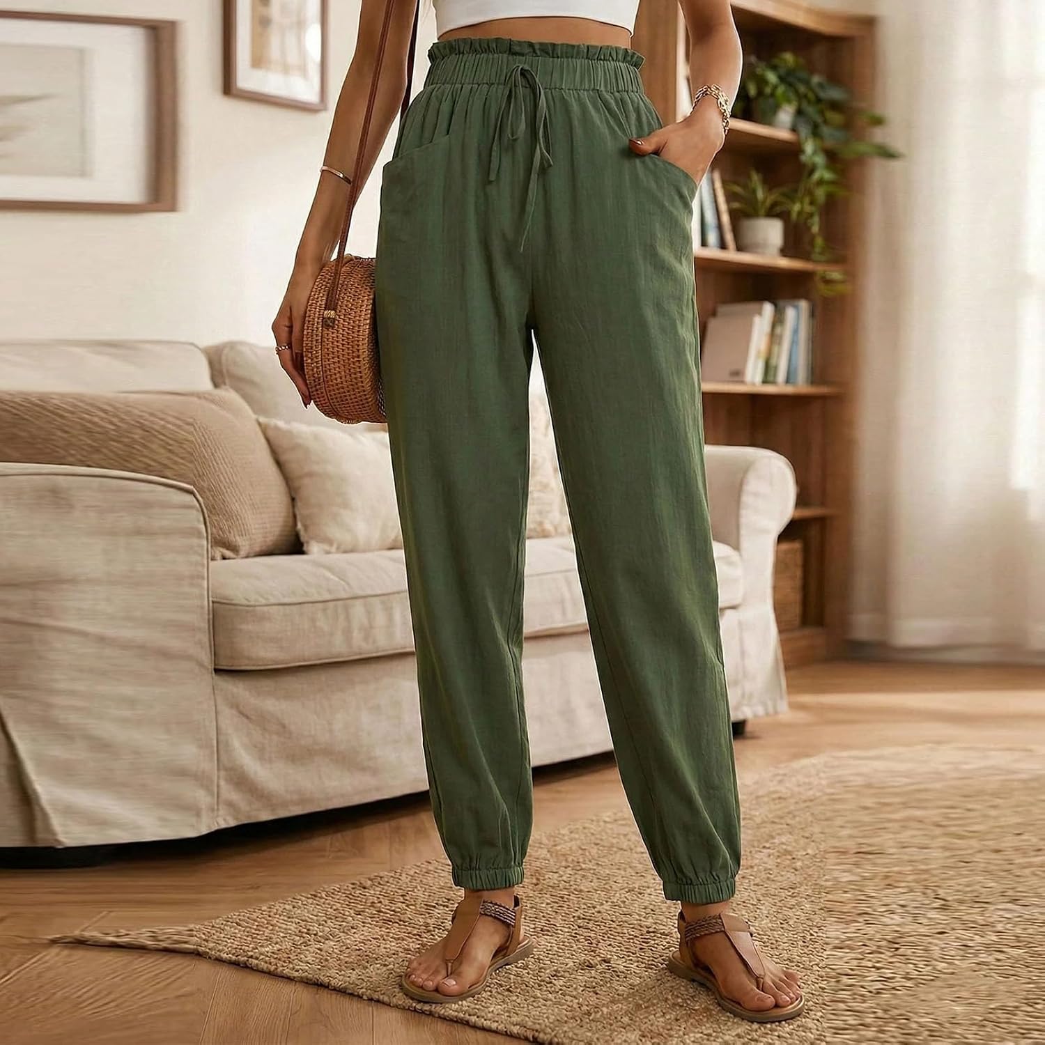 Women's Linen Pants Joggers Elastic High Waisted Lounge Slacks Casual Lightweight Travel Beach Trousers with Pockets