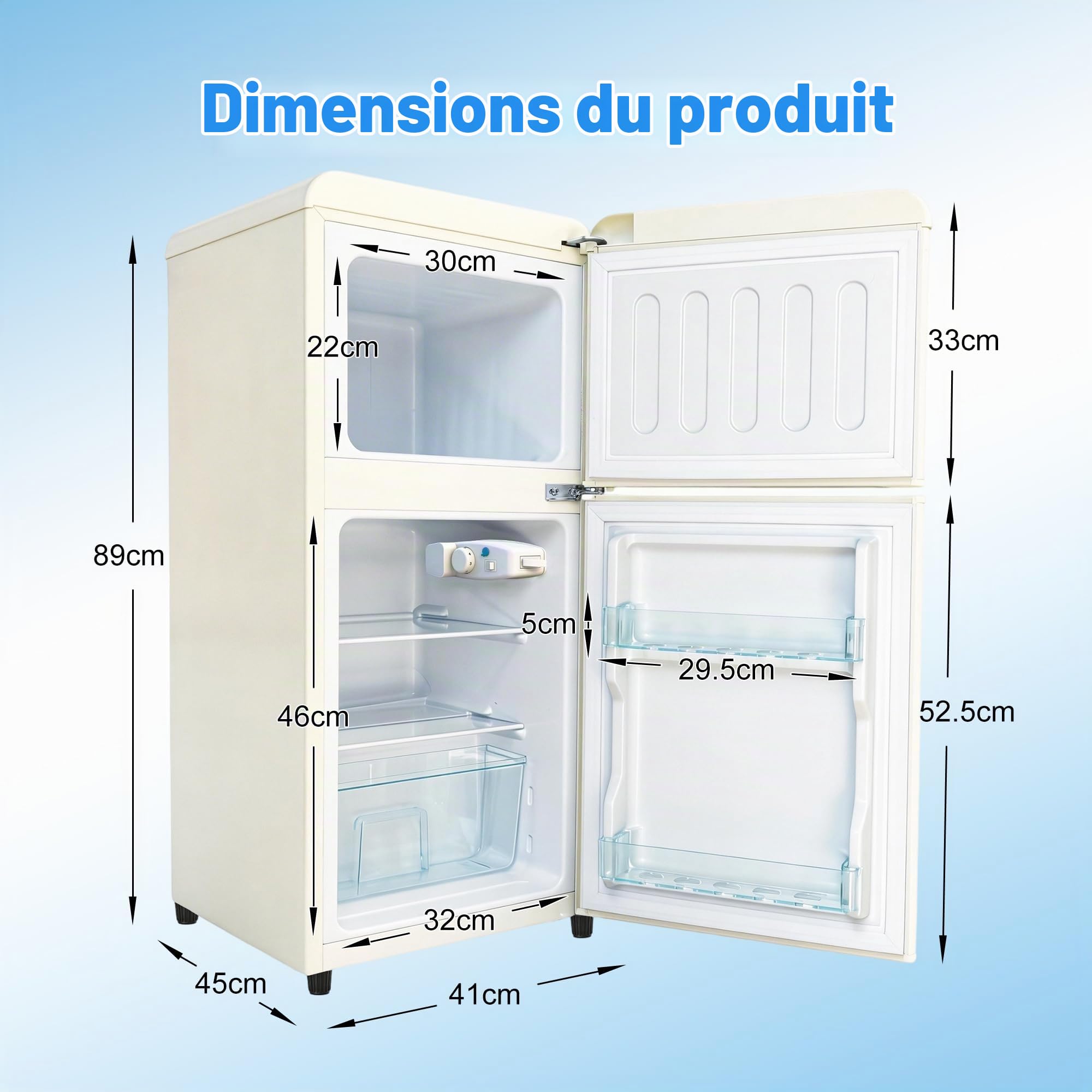 Sweiko Réfrigérateur à deux portes (86 litres), compartiment réfrigérateur 56 litres + compartiment congélateur 30 litres, 7 niveaux de réglage de la température, classe énergétique E (Off White)
