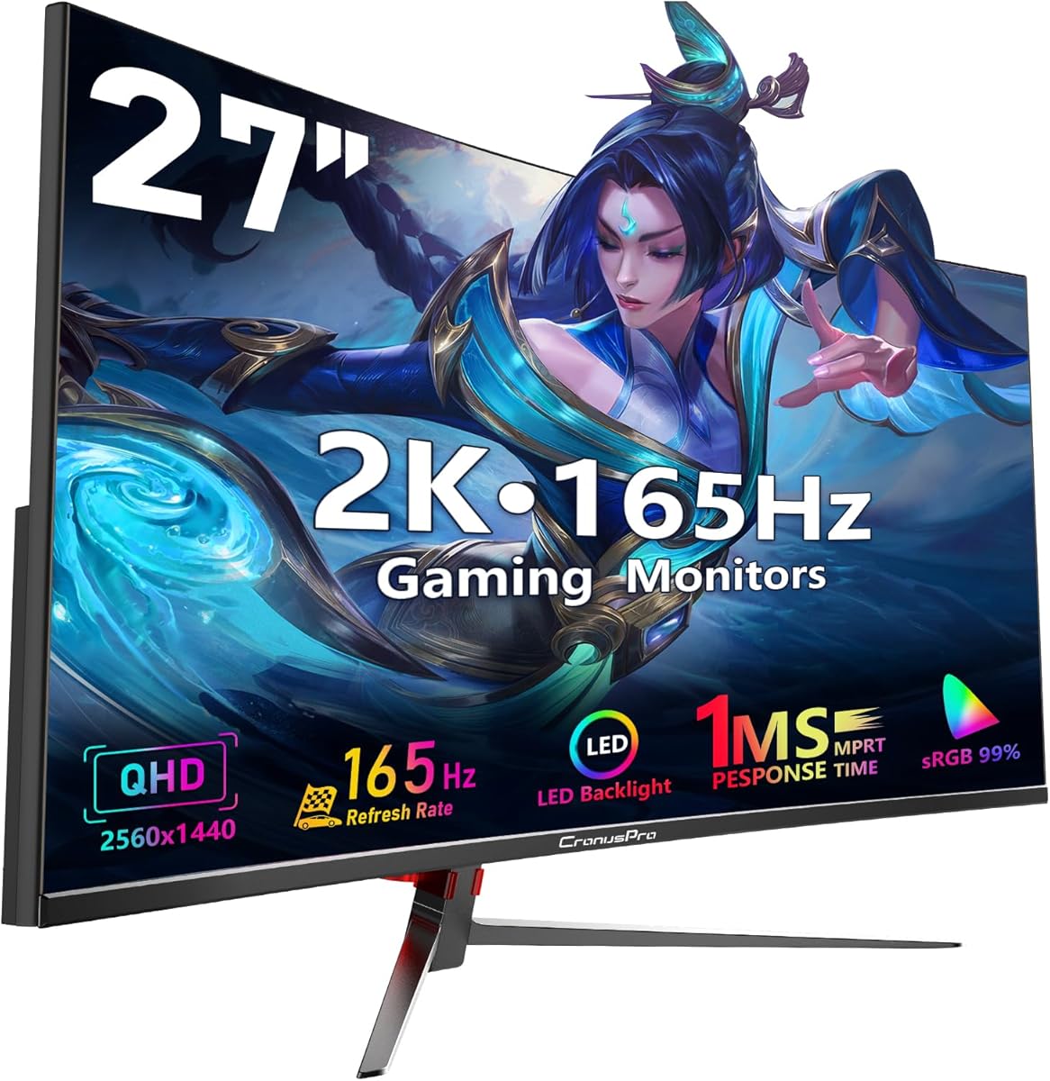 27 Inch Curved Gaming Monitor, 2K QHD (2560 x 1440), 165HZ, 1800R VA Panel, 1 ms MPRT, 4000:1, 99% sRGB, AMD FreeSync, HDMI/DisplayPort, VESA, Eye Care, PC Monitor for Gaming Office Black