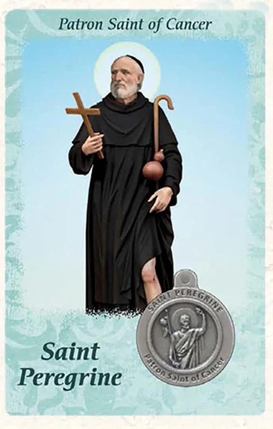 Lumen Mundi Saint St Peregrine Prayer Card Patron Saint of Cancer Holy Card with Medal