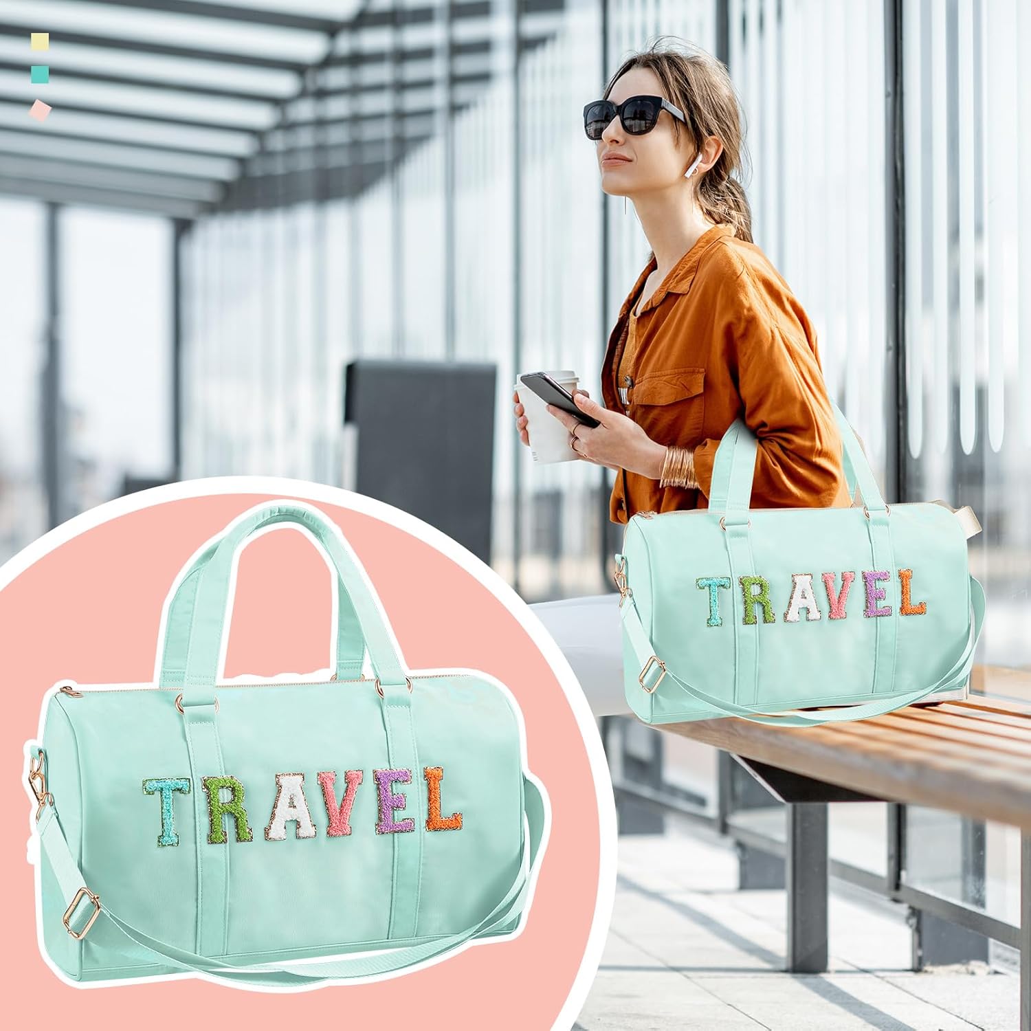 Shinylin 2 Pcs Travel Preppy Duffle Bag and Chenille Letter Makeup Pouch Cosmetic Zipper Patch Weekender Carry on Tote Bag for Women(Mint Green)