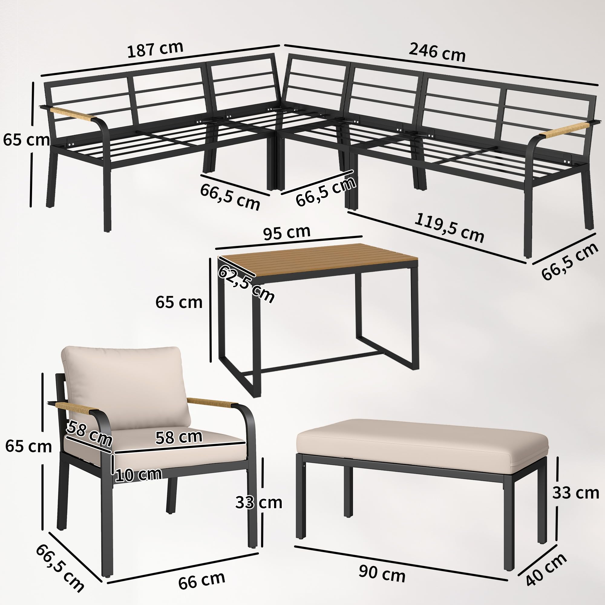 Outsunny Salon de Jardin 7 Pièces Ensemble Canapé d'angle Extérieur Modulable avec Pouf et Table en WPC Mobilier de Terrasse Accoudoirs en Résine Tressée et Coussins Épais Beige et Gris