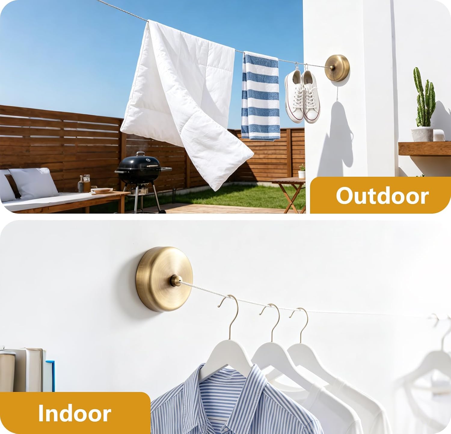Retractable Clothesline Indoor, Stainless Steel Laundry Line Retractable, 3.6x2in Hidden Clothes Line, Bronze Wall Mounted Clothesline with 2.8m Nylon Rope for Hotels