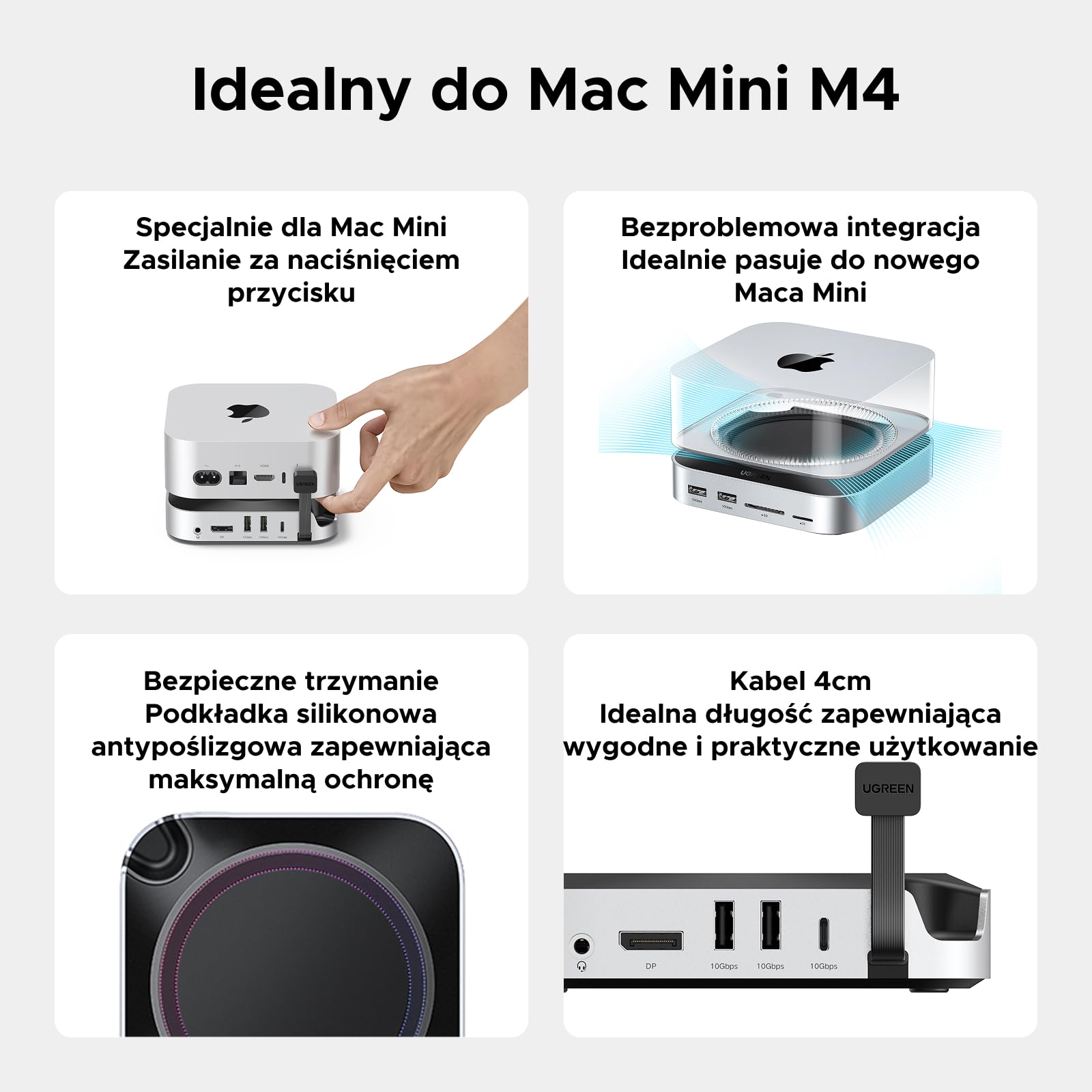UGREEN Mac Mini M4 dok z 4K DisplayPort do konfiguracji z dwoma monitorami, portami USB 10 Gb/s, dyskiem SSD M.2 NVMe, czytnikiem kart SD/TF i gniazdem audio 3,5 mm Kompatybilny z Mac Mini M4/M4 Pro