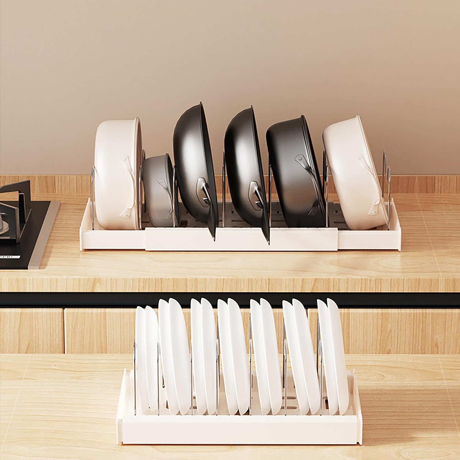 Pots and Pans Organizer Under Cabinet Expandable Pot Lid Holder with 10 Adjustable Dividers Pot Rack for Kitchen Storage Cutting Boards, Bakeware, Lid, White 2PCS