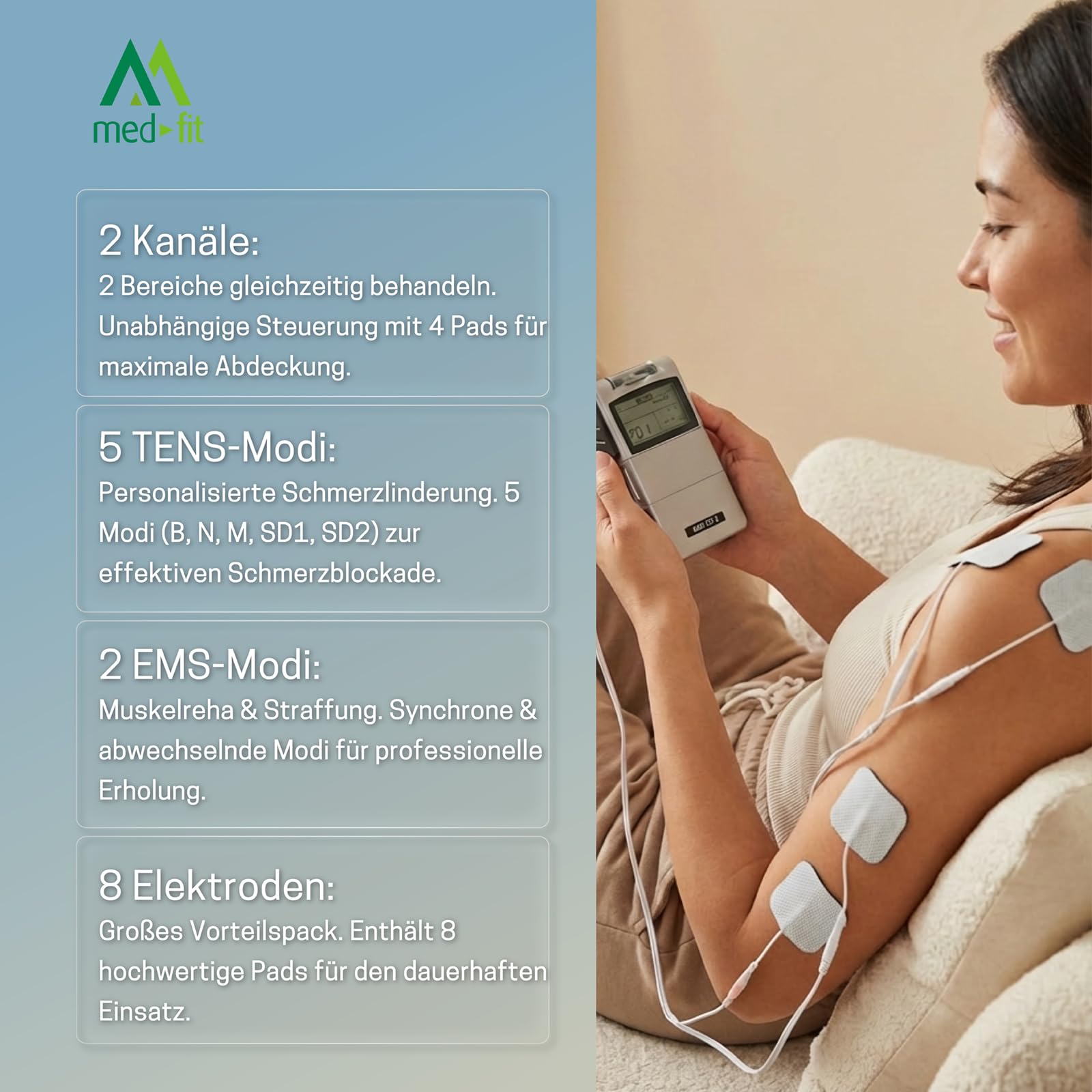 Med-Fit 3 TENS Gerät Schmerztherapie & EMS Muskelstimulator 2 Kanal - Medizinprodukt Klasse IIa Reizstromgerät für Rückenschmerzen, Ischias, Arthrose, Nacken, Schulter & Muskelaufbau