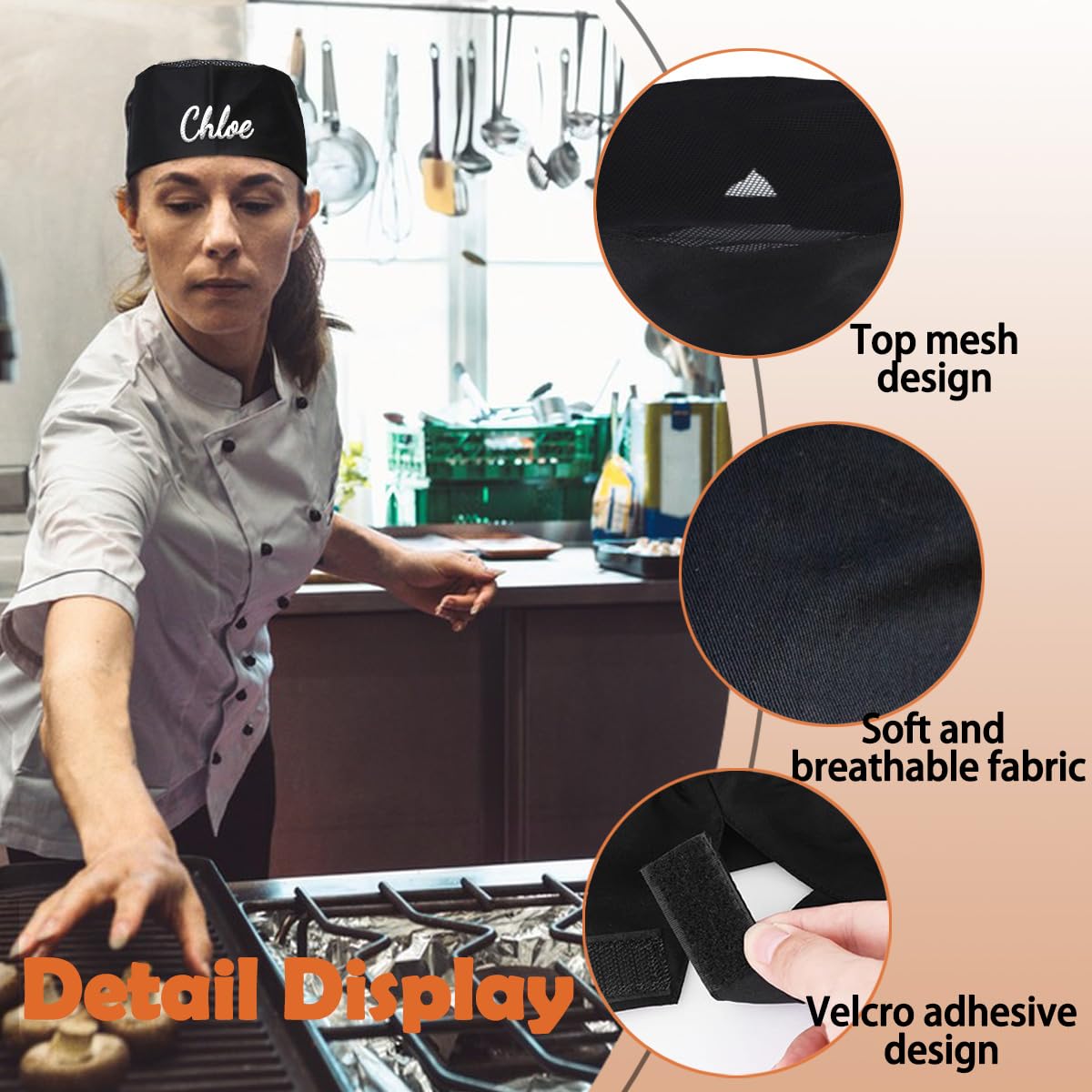 Personalzied Chef Hats Adjustable Unisex Adult Kitchen Cooking Caps with Breathable Mesh Top, Available in White and Black