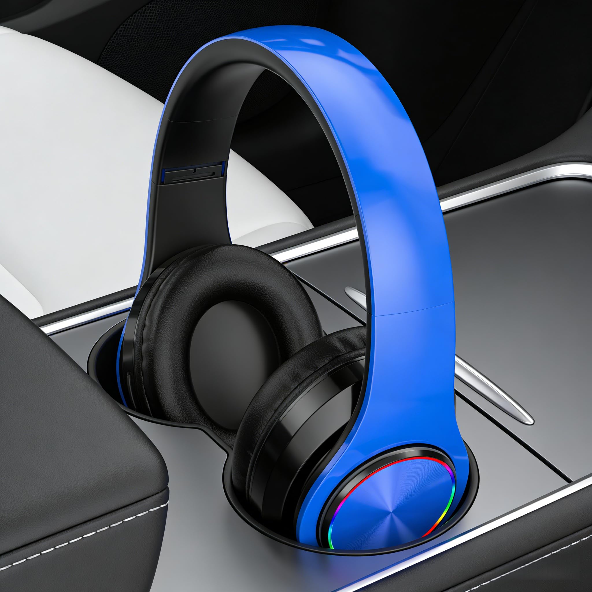 Cuffie wireless Bluetooth con luci colorate, grande capacità della batteria, pieghevoli, Bluetooth 5.0, portata 10 m, stereo surround, microfono integrato, comode orecchie fissate (blu)