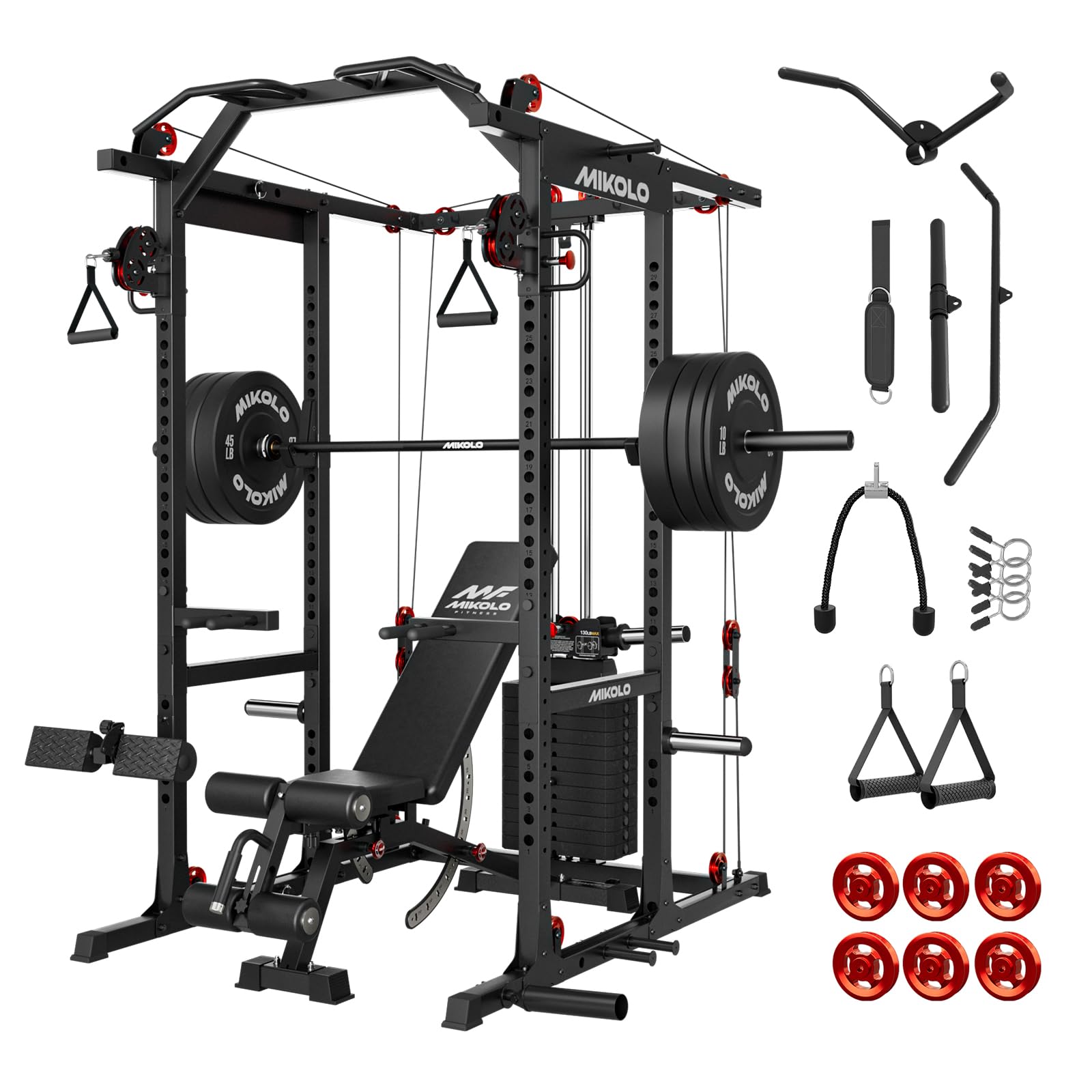 Mikolo K6 2.0 Power Cage, Power Rack with Cable Crossover System, 2000LBS Squat Rack with LAT Pull Down System, Functional Trainer with Aluminum Pulley System for Home Gym