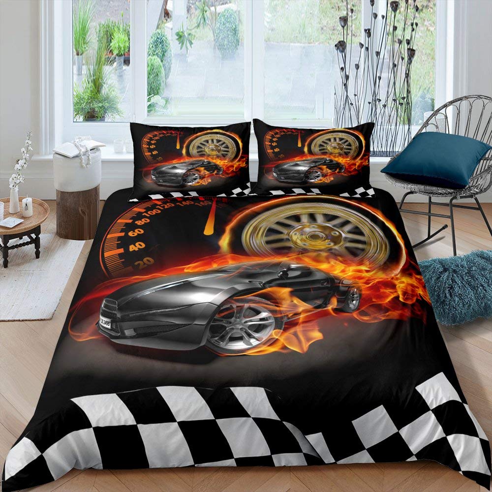 Homewish Teens Racing Car Duvet Cover Set, Speed Sports Car Comforter Cover Super King Size, Extreme Sport Automobile Bedding Set for Kids Boys Adult, Golden Flame Checkered Quilt Cover Bedroom Decor — image 1