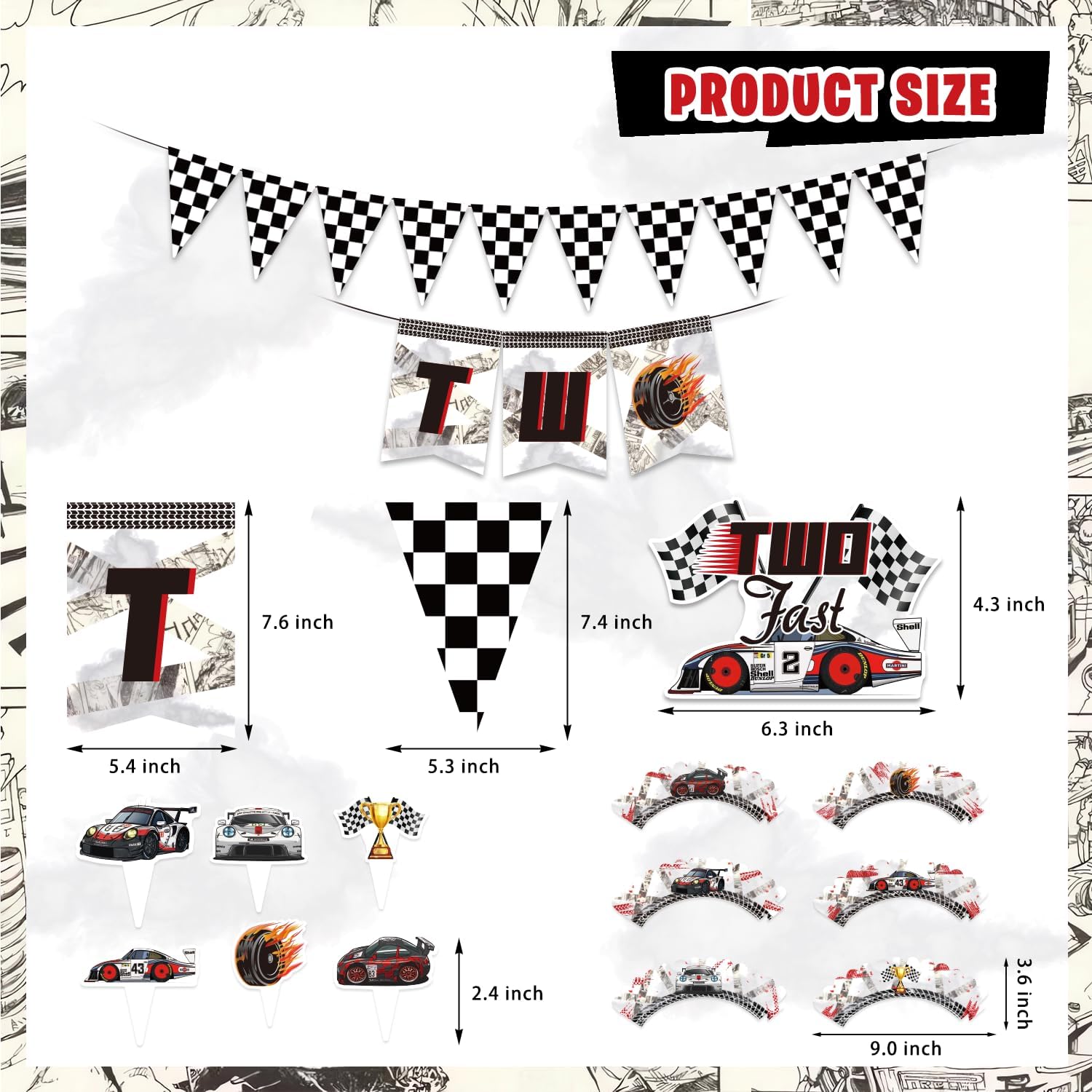 Mpanwen Two Fast Birthday Decorations for Boys, 153 Pcs Race Car Birthday Party Supplies - Backdrop, Toppers, Cupcakes Wrappers, Tablecloth, Flags, Centerpiece, Highchair Nanner, Crown and Poster