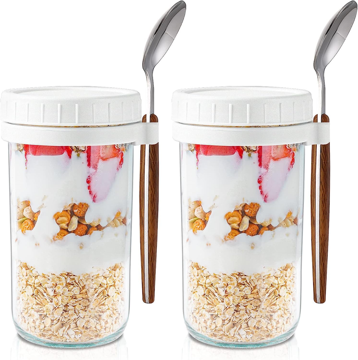 GGEROUOvernight Oats Jars with Lid and Spoon,2 Pcs Airtight Oatmeal Container with Measurement Marks,Glass Mason Jars with Airtight Lids for Cereal Yogurt and Parfait (600ml/20oz, White)