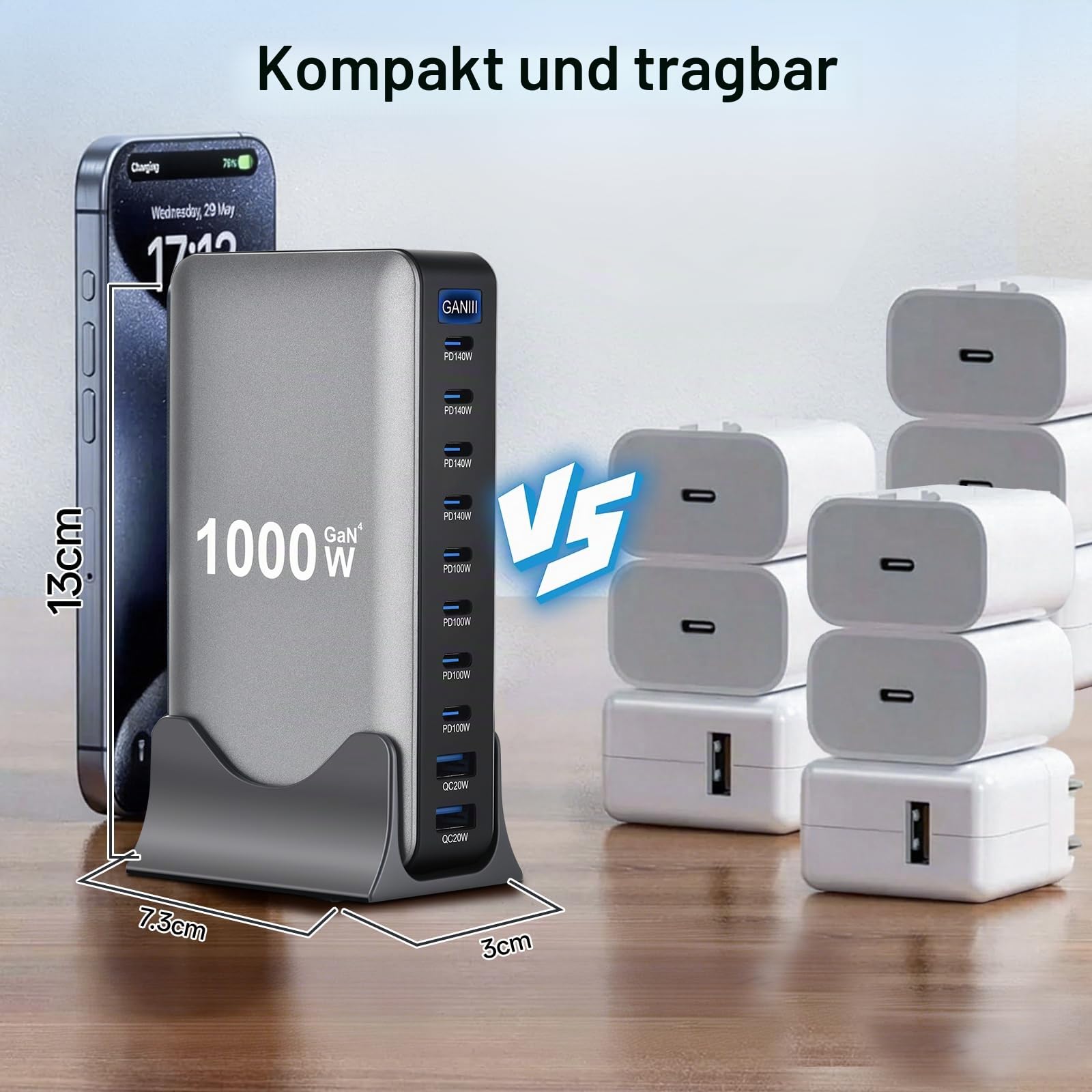 1000W USB C Ladegerät Mehrfach, 10 Ports USB C Netzteil Schnellladegerät, Ladegerät 100w, Laptop Ladegerät Ladestation für MacBook Pro/Air, i Pad, iPhone, Galaxy