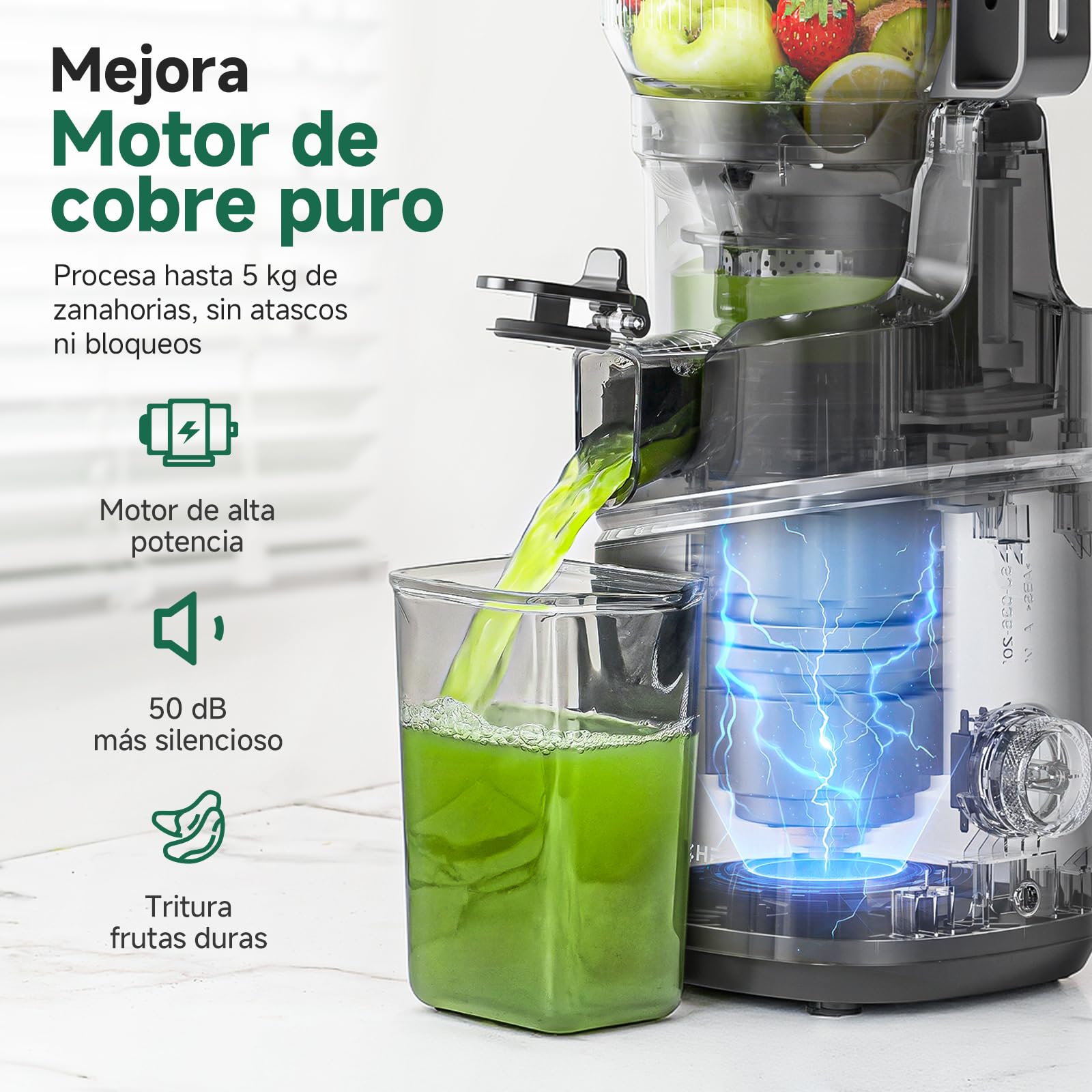 AMZCHEF Extractor de Zumo Automático Multifuncional de 250W, 150MM de Apertura, Exprimidor de Frutas y Verduras de 2 Litros con Triple Filtro - Negro