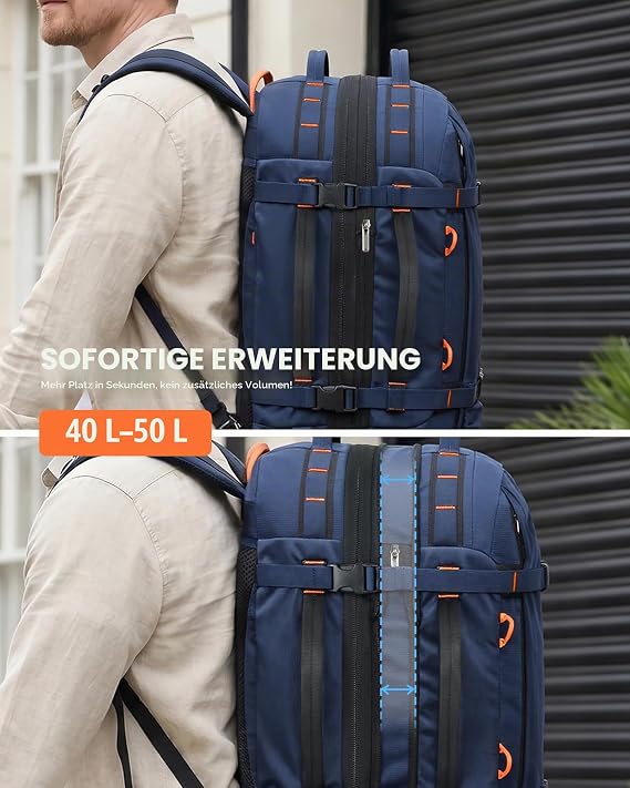 Tolaccea Reiserucksack Handgepäck Flugzeug RPET Material Erweiterbar 40-50L 180°-Laptopfach bis 16 mit Nassfach Rucksack Henkelgriff & Schultergurt