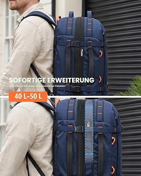 Tolaccea Reiserucksack Handgepäck Flugzeug RPET Material Erweiterbar 40-50L 180°-Laptopfach bis 16 mit Nassfach Rucksack Henkelgriff & Schultergurt