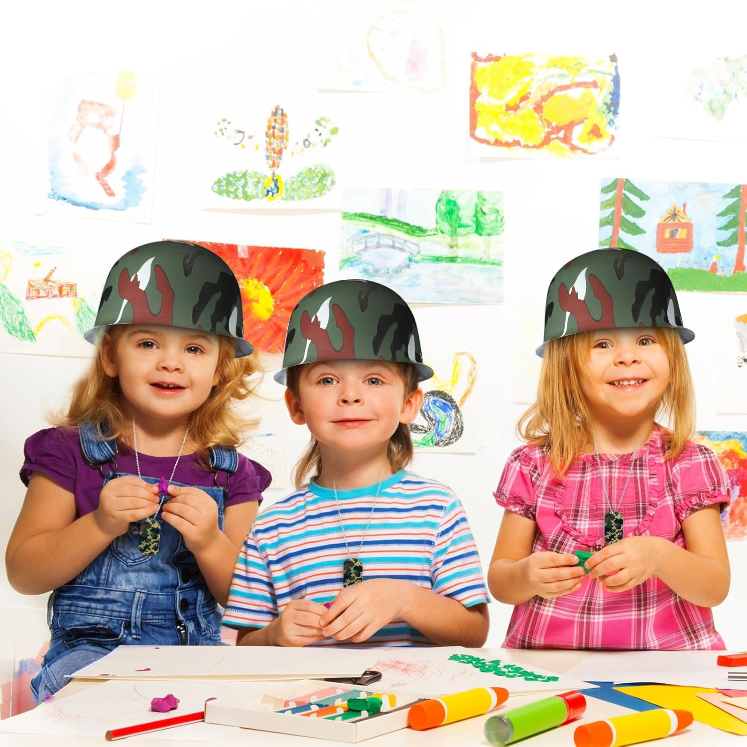 60 Pcs Army Party Favor Helmet Costume Includes Kid Plastic Camouflage Hats Military Dog Tags Chains