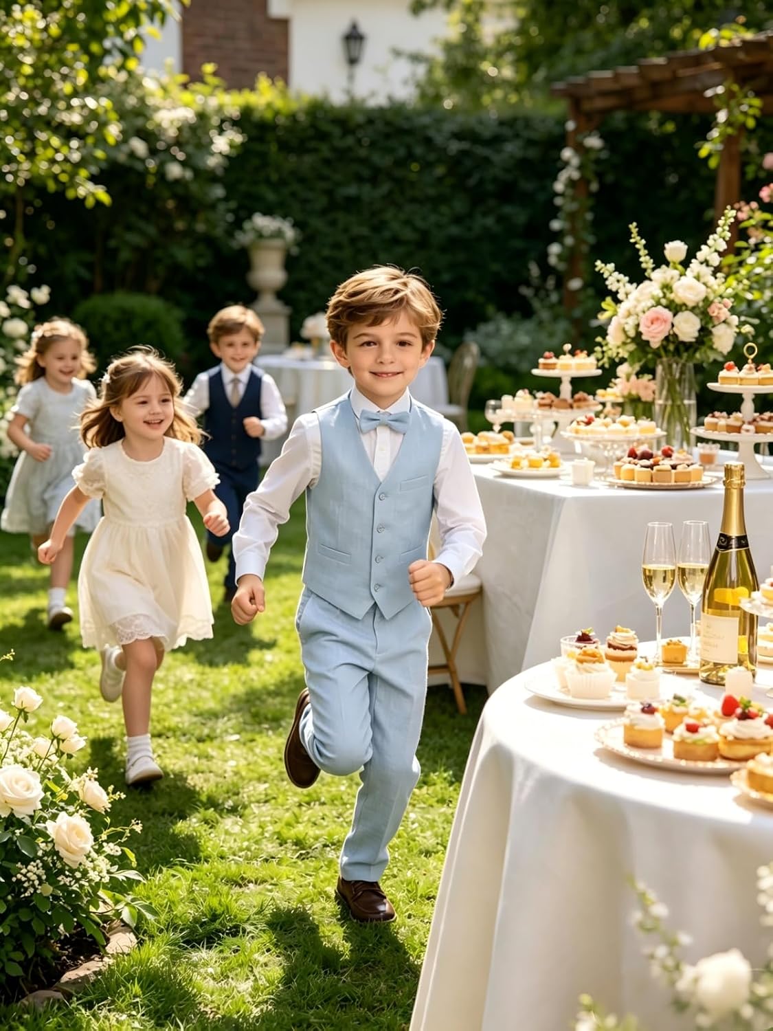Boys Linen Suit Kids Beach Wedding Tuxedo Ring Bearer Outfit 3 Piece Lightweight Blazer Pants Set Graduation Prom